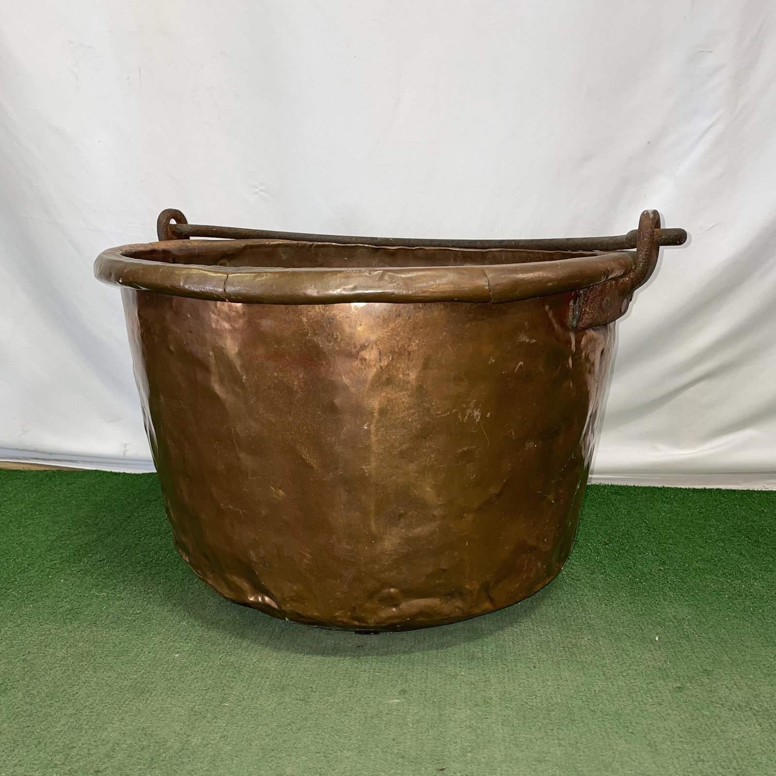 19th c Copper Kettle for Apple Butter w Hand Forged: 16in H x 24in diameter