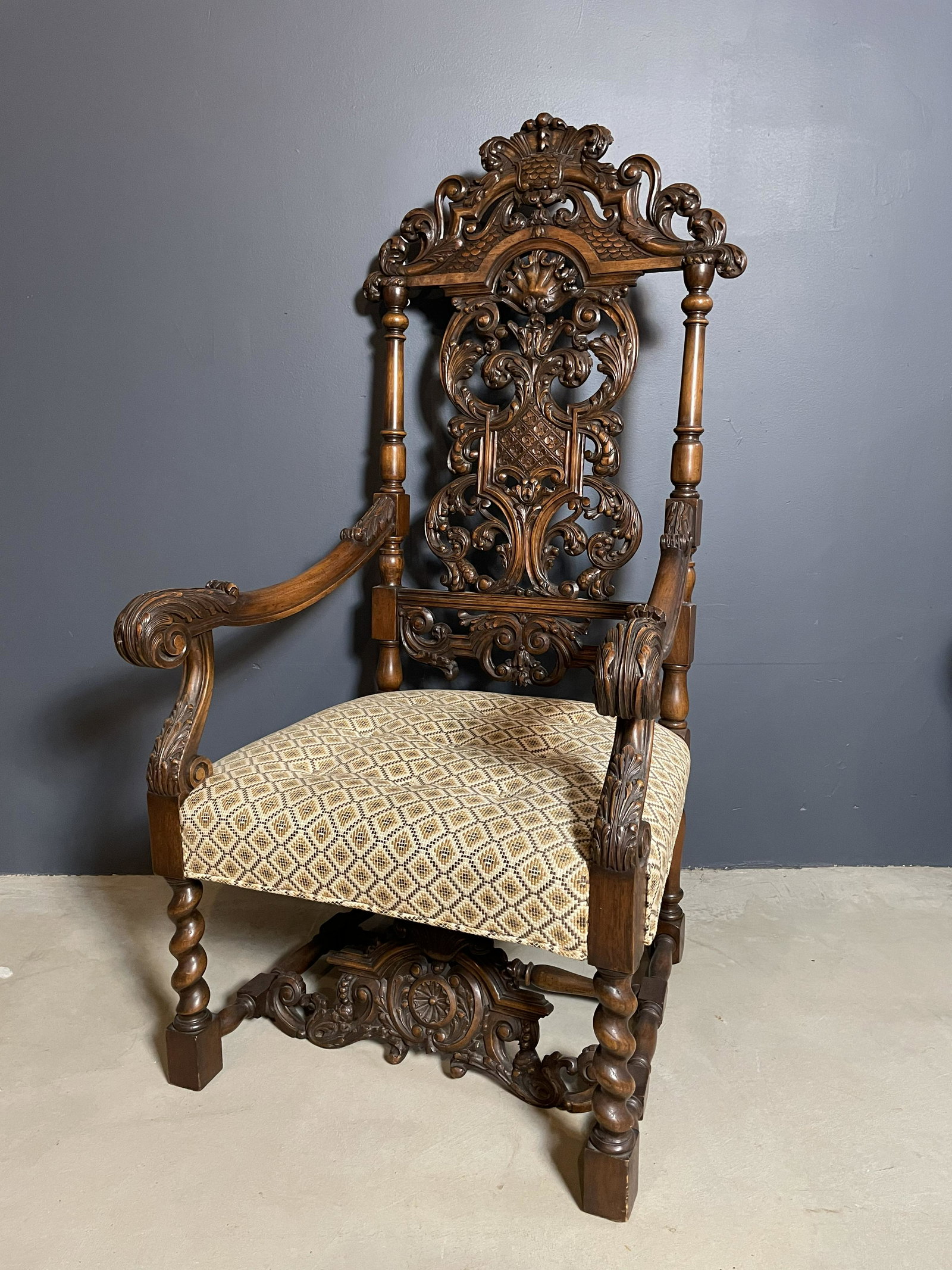 Jacobian Throne Chair: 52 in T to back x 26in W x 24in D x 17in T to Seat