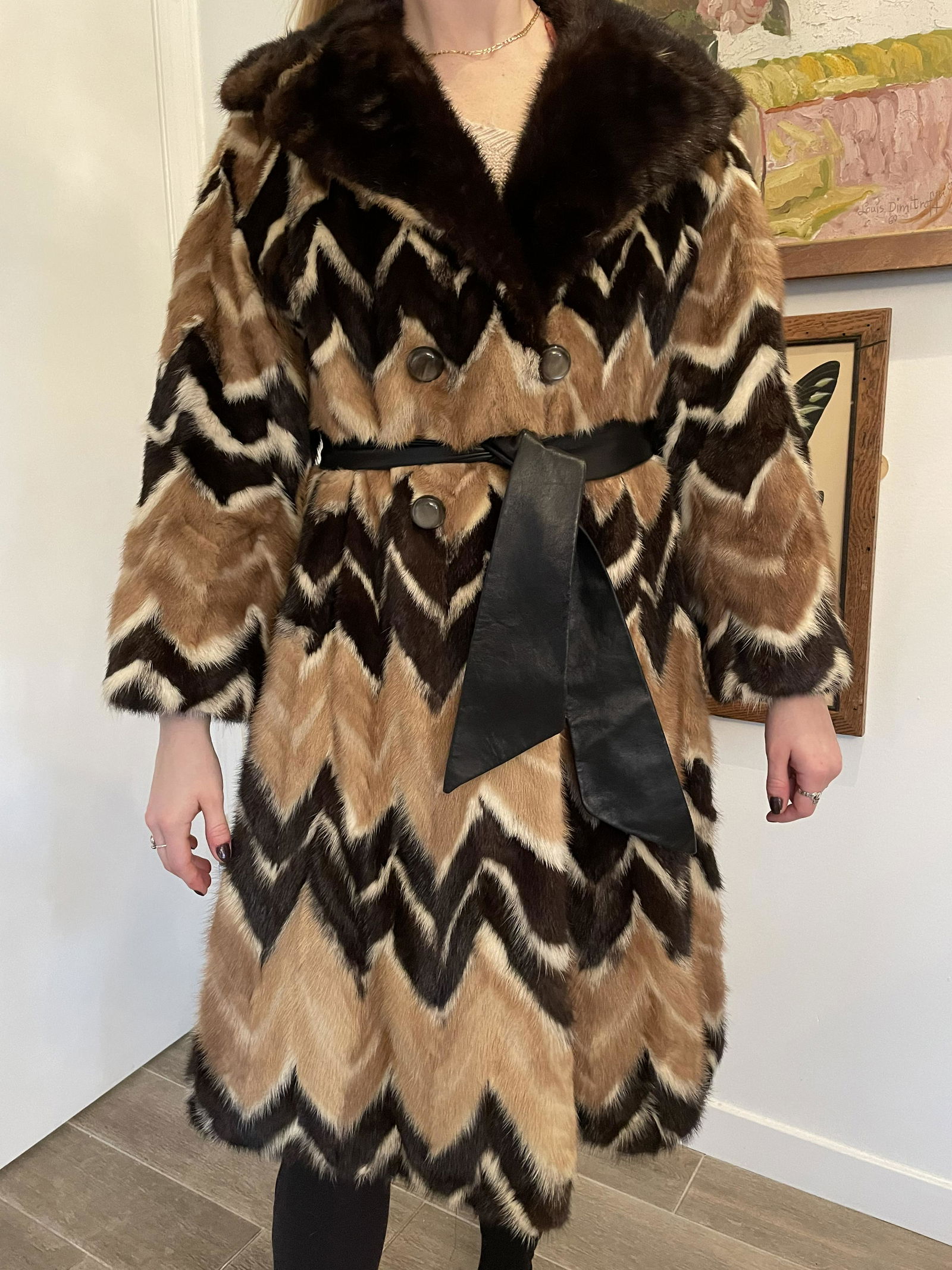 Mink Fur Chevron Coat: 43in L neck to bottom x 19in armpit to armpit x 22in sleeve length