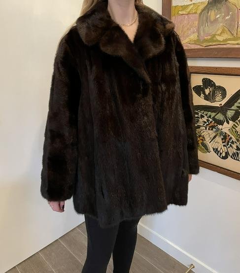 Black Diamond Mink Fur Coat: 30in L neck to bottom x 25in armpit to armpit x 21in sleeve length