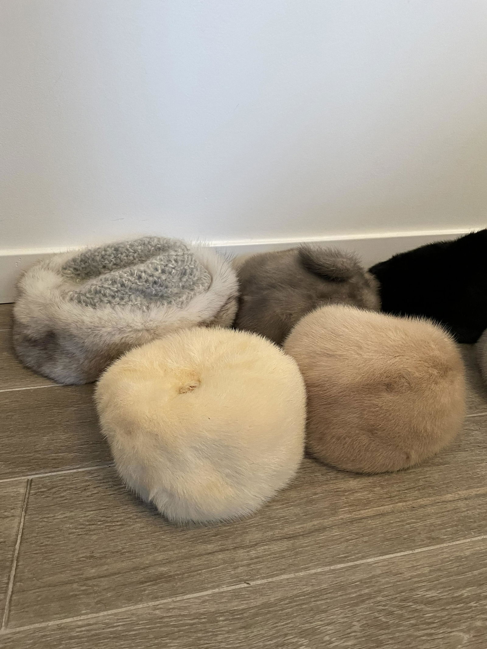 8 mink and various fur hats: all various colors, one knit with fur trim