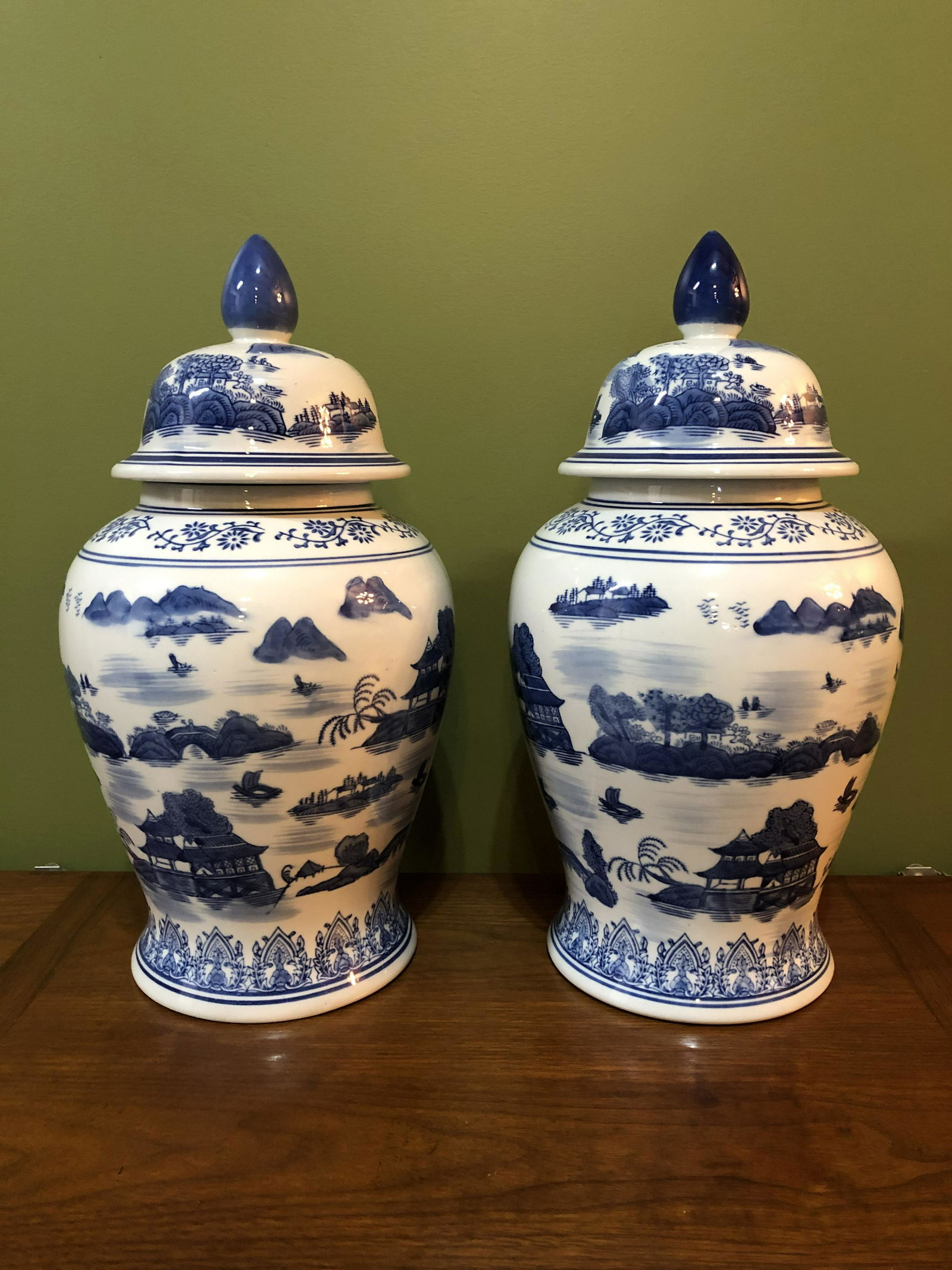 Pair Blue & White Oriental Covered Urns (1 of 5)