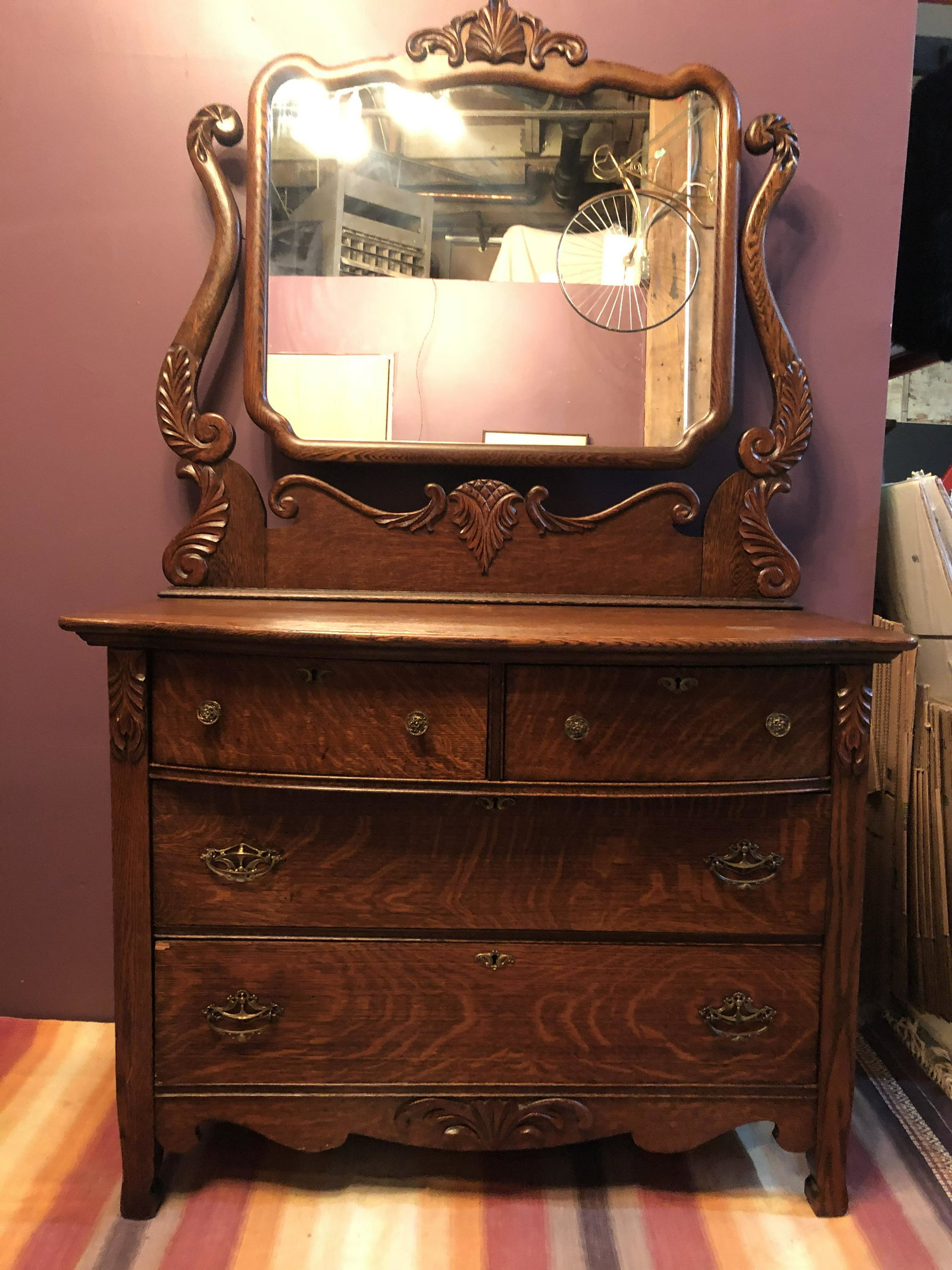Victorian Original Oak Finish Harp Mirror DRESSER: 6ft T x 43 1/4in W x 19 1/2in D