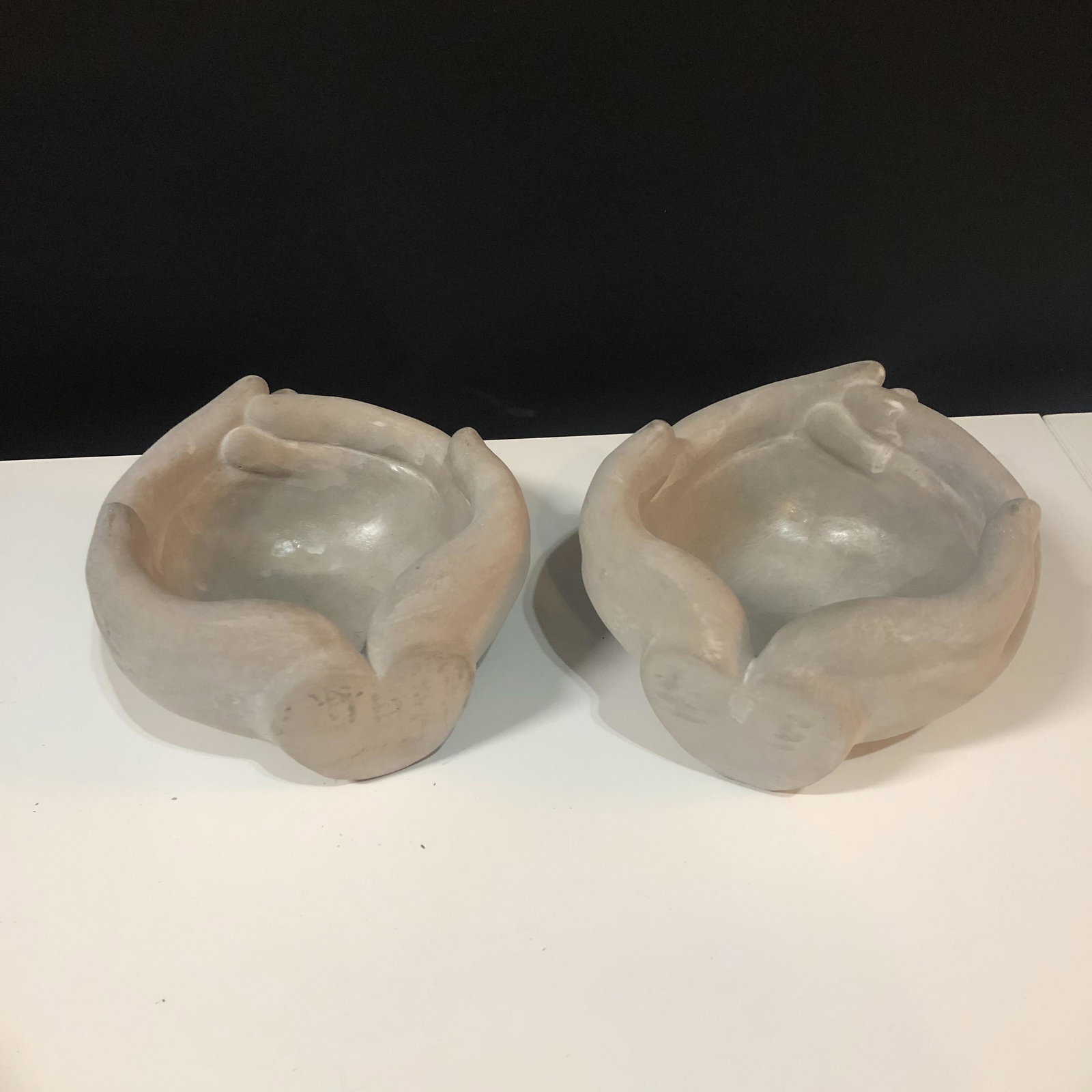Pair Concrete Figural Hand Bowls (1 of 4)