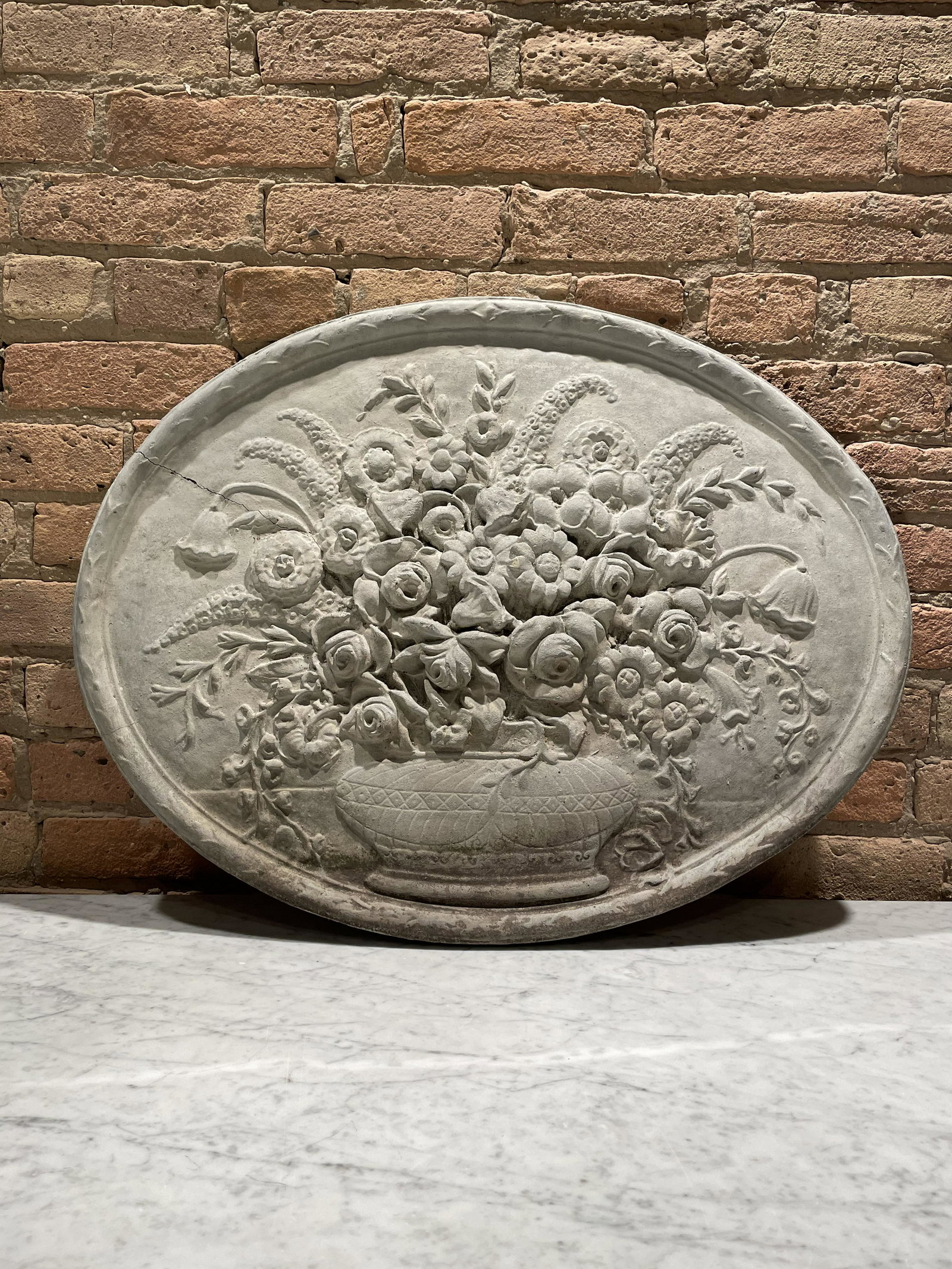 Stone Etched Flower Medallion: repaired crack on side ; see pictures ; 28in W x 22in T x 1in D