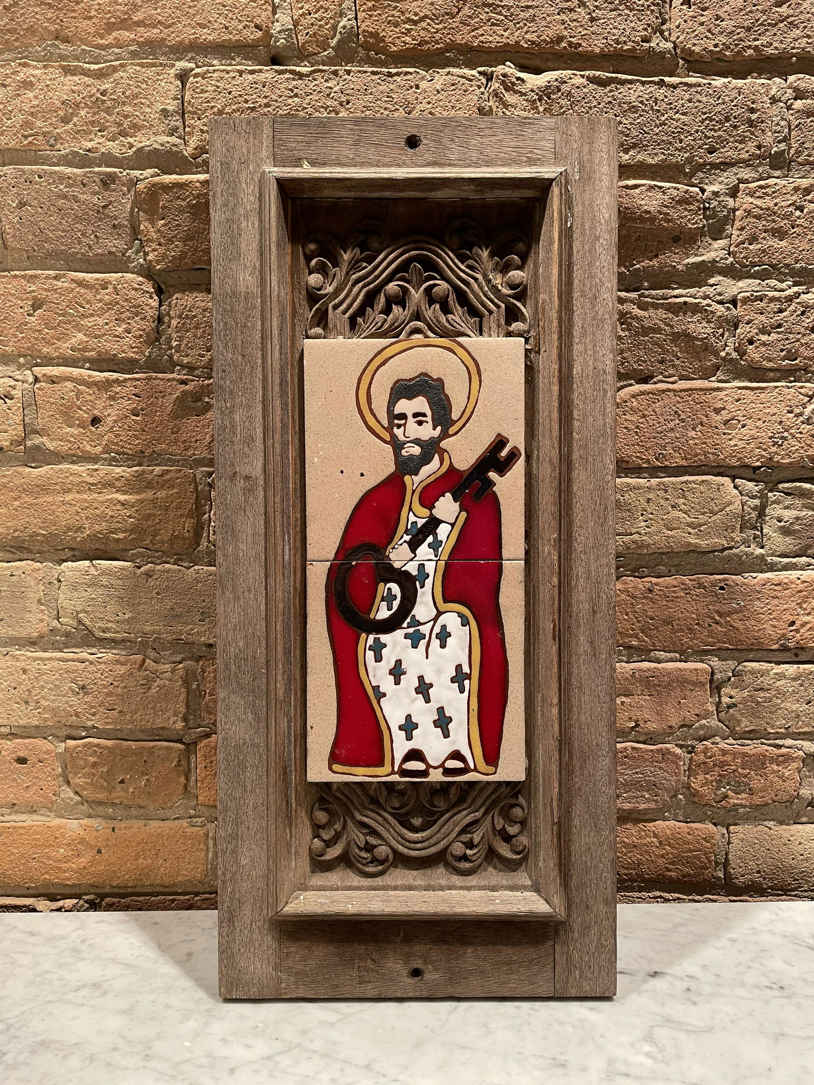 Vintage St. Francis Stone Tile on Vintage Door Panel (1 of 6)