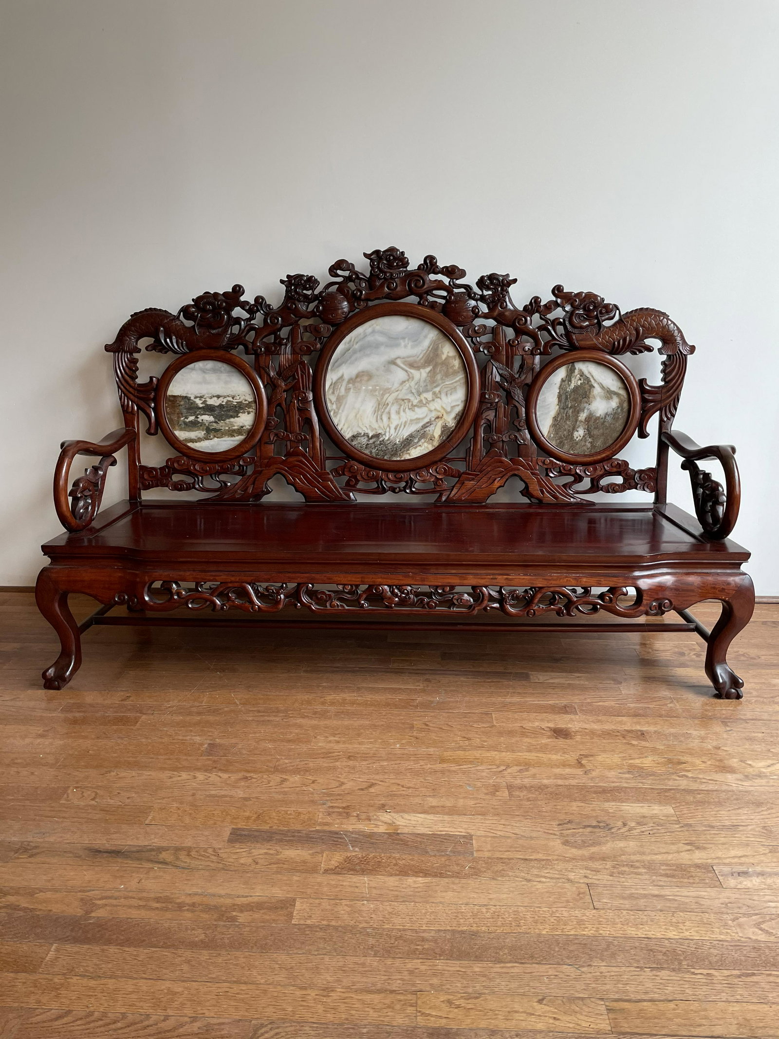 Chinese Rosewood & Marble Insert Dragon Bench (1 of 7)