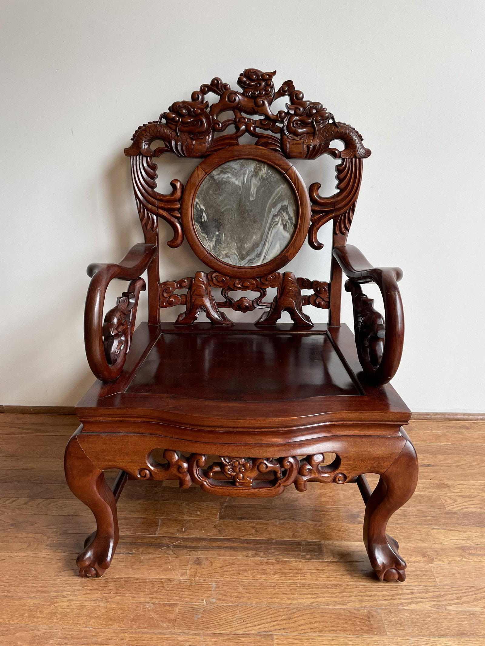 Chinese Rosewood & Marble Insert Dragon Throne Chair #4: There are some slight separations at joints of wood - all normal and age appropriate 40in T to back x 25 1/4in across arms x 22in D overall x 15in T to seat ; Seat: 20 1/2in W x 20 1/2in D