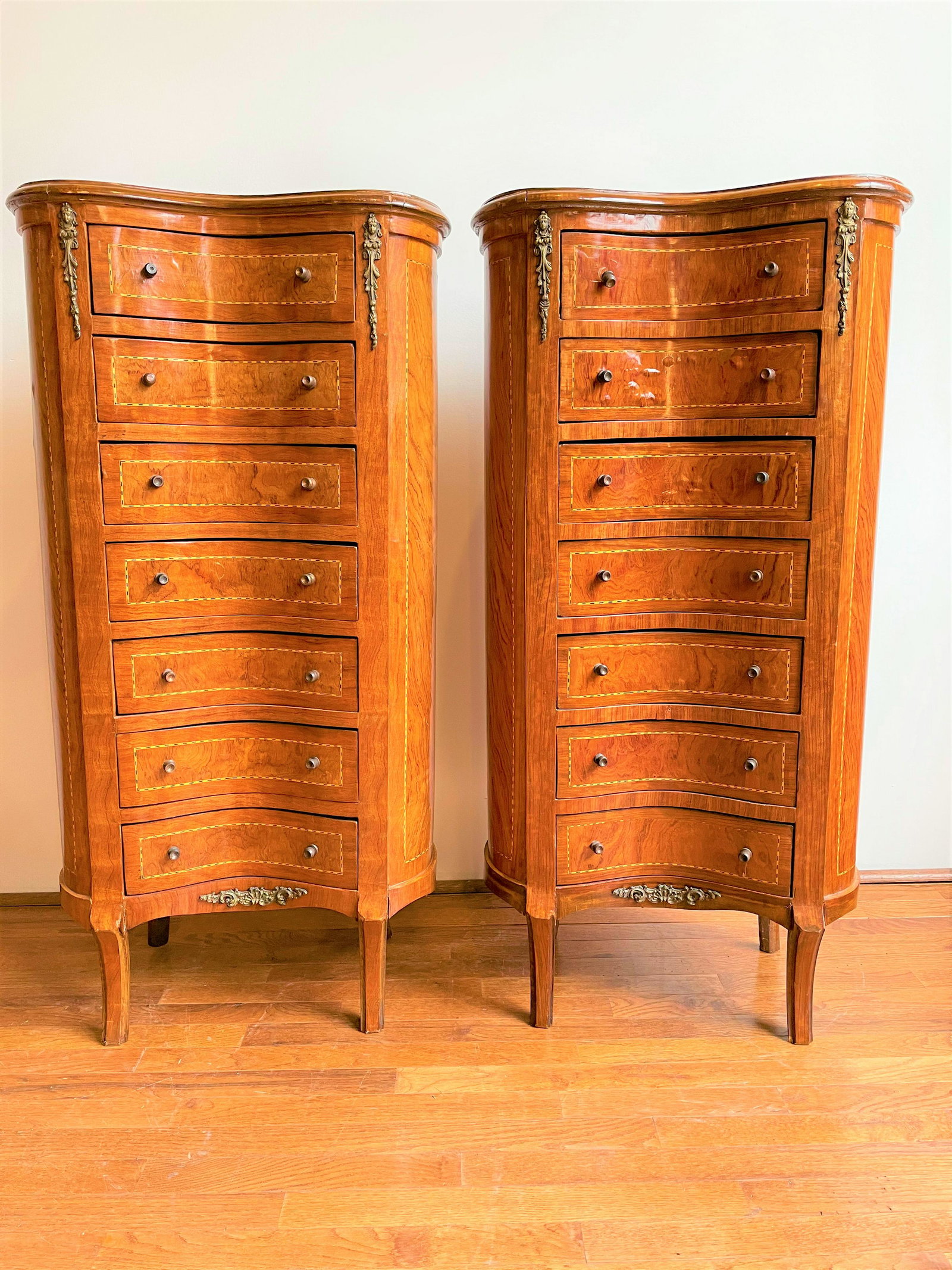 Late 19th C. French Burled Inlay Lingerie Chests w: 46 1/2in T x 23in W x 13in D