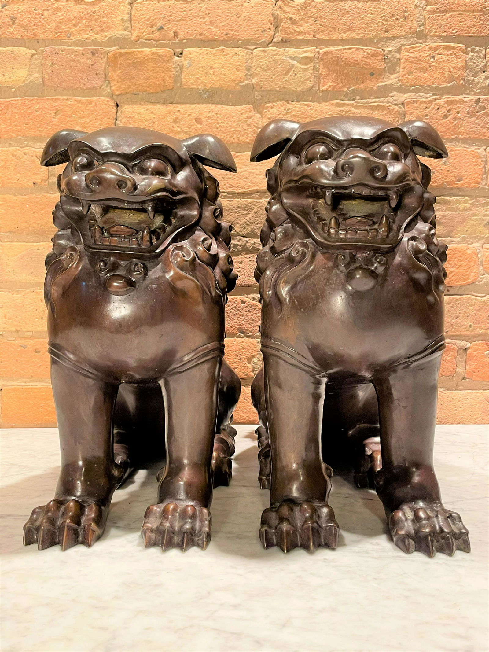 Pair Chinese Bronze Foo Dogs Signed Monroe (1 of 12)
