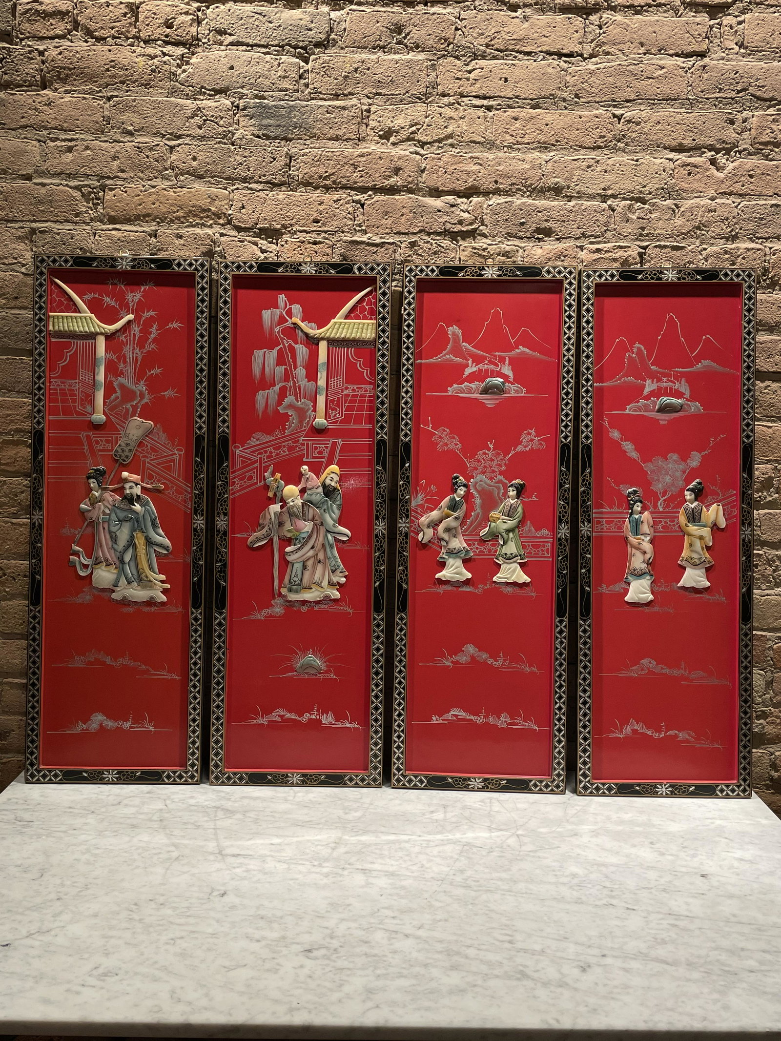 Set 4 Chinese Hardstone Relief Panels #1: 36in T x 12in W x 1in D