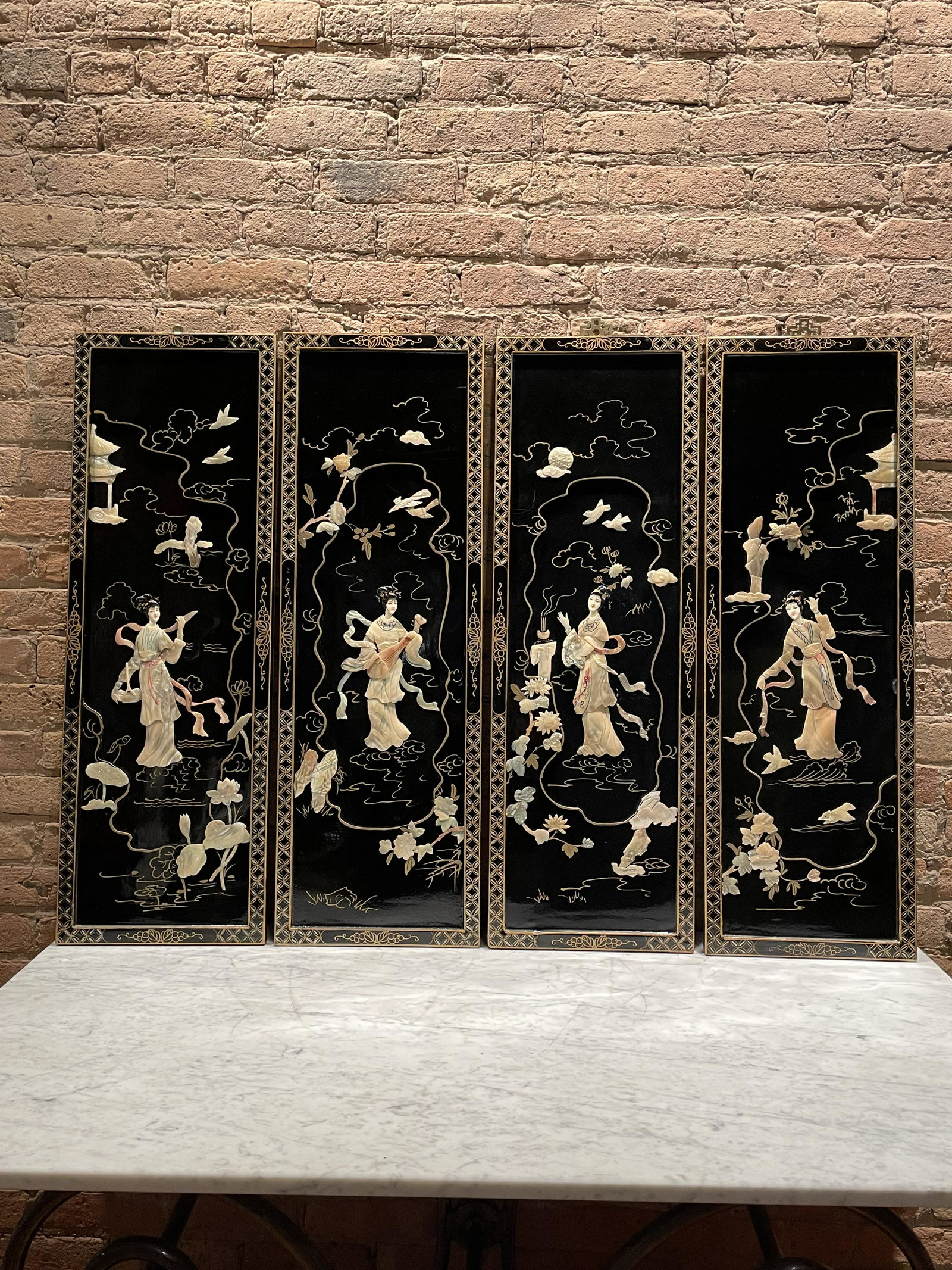 Set 4 Chinese Hardstone Relief Panels #2: 36in T x 12in W x 1in D