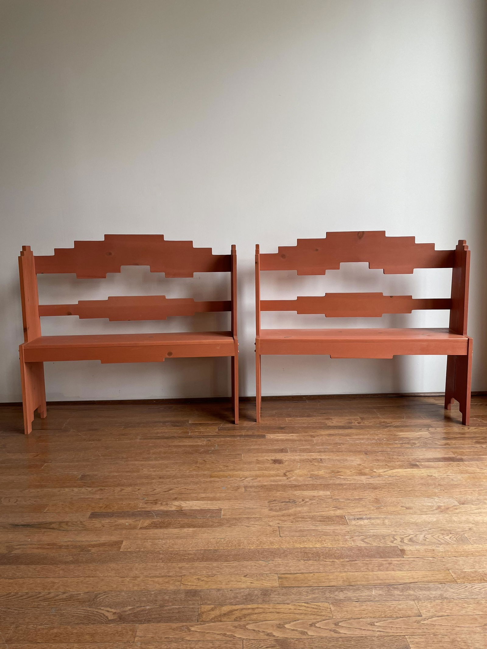 Pair Post Modern Pine Wood Garden Benches (1 of 5)