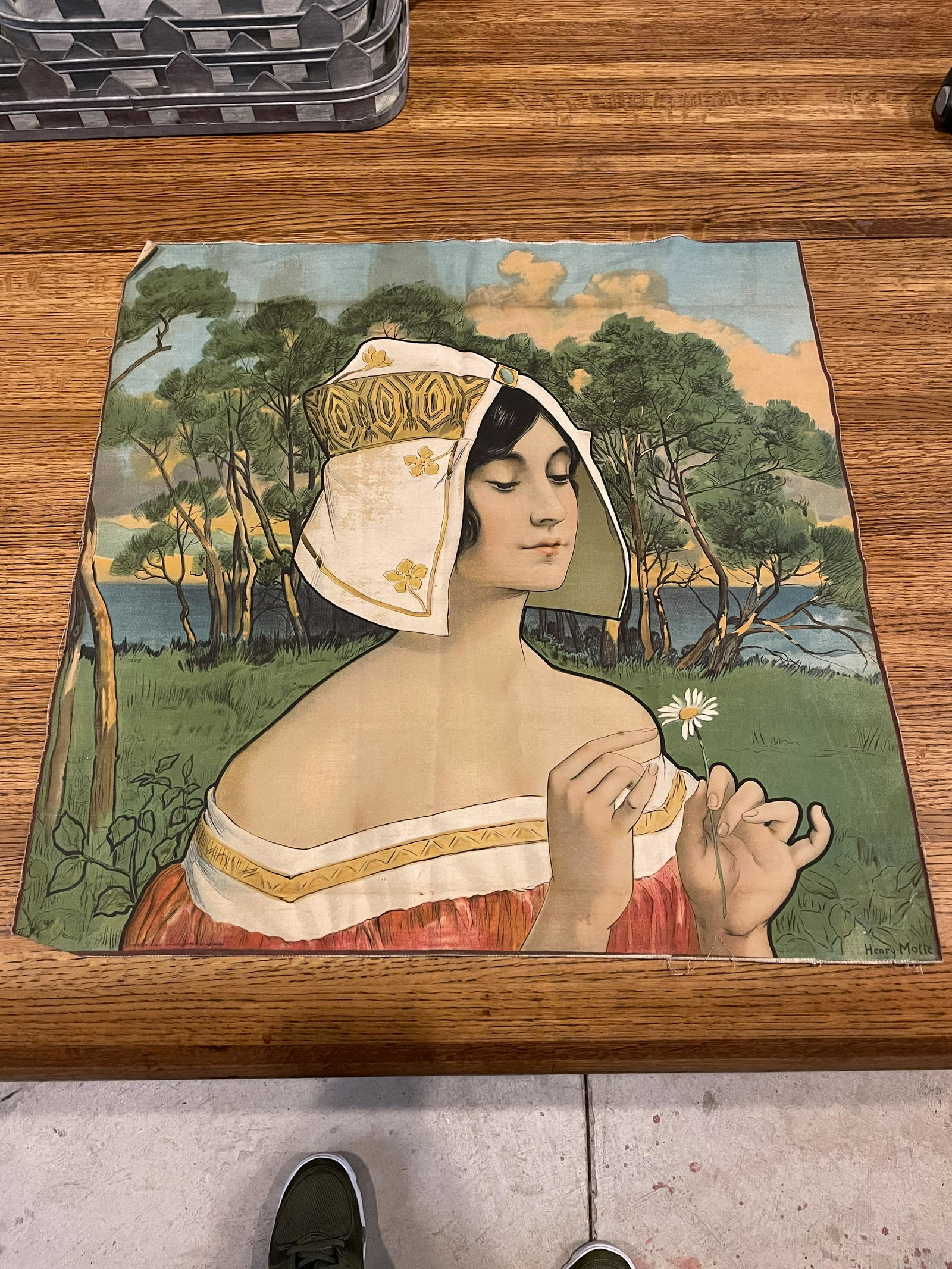Art Nouveau Henry Motte Textile Victorian: Some discoloration throughout ; 22in x 22in