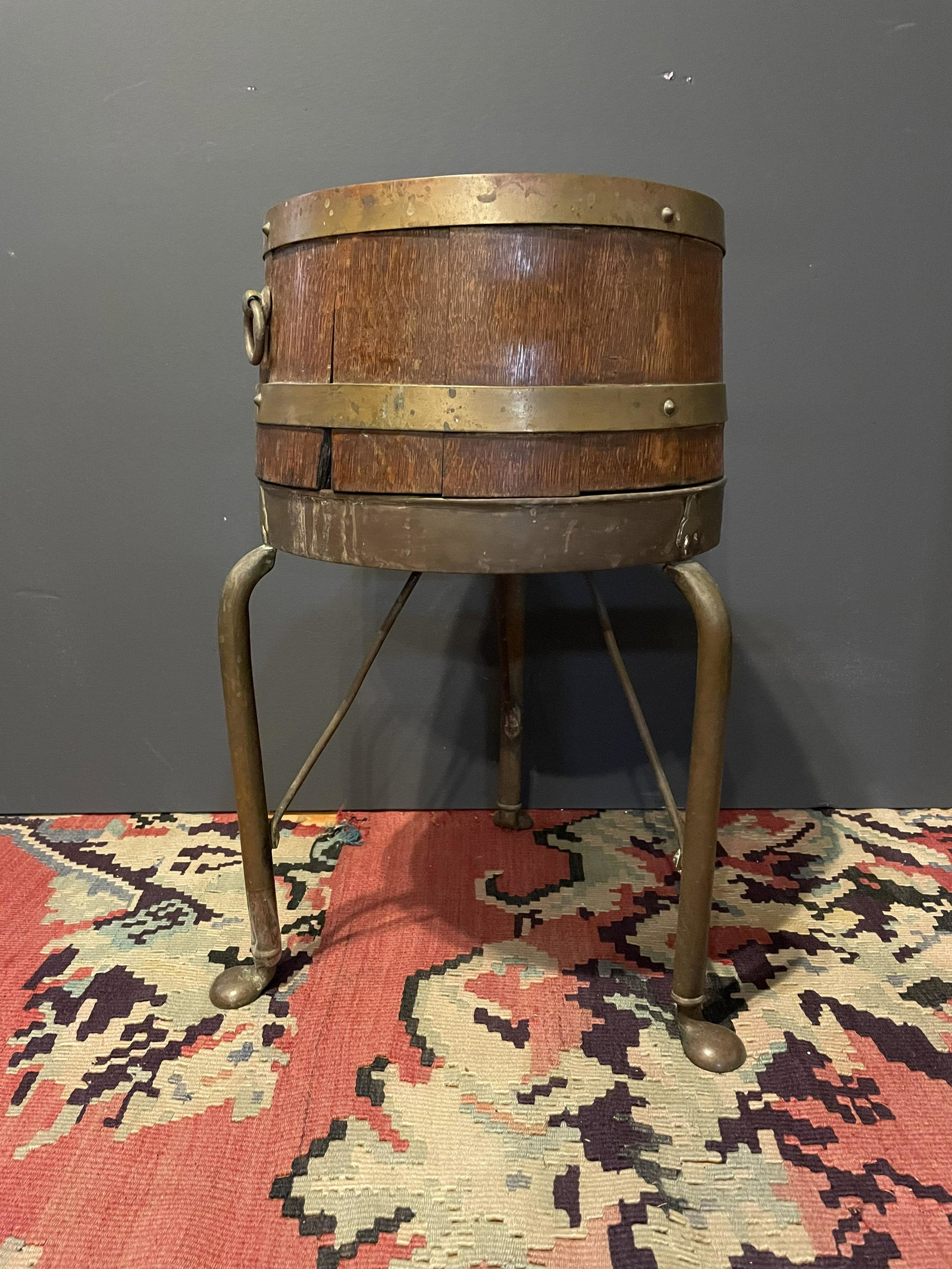 Antique Oak and Brass Barrell Planter: 20in T x 11in diameter