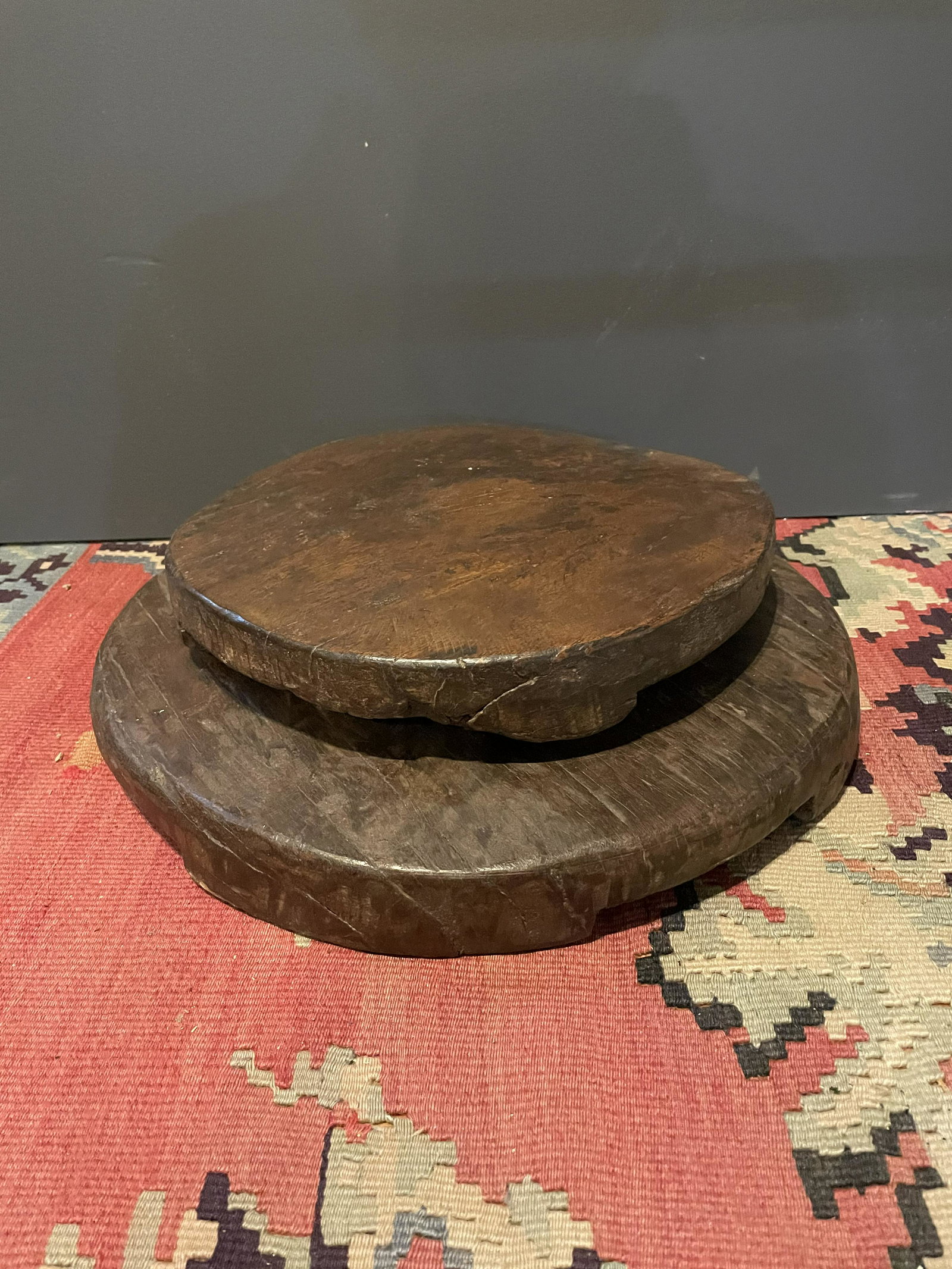 Carved Wood Plateaus / Serving Trays: 17in D & 12in D ; Both 2in T