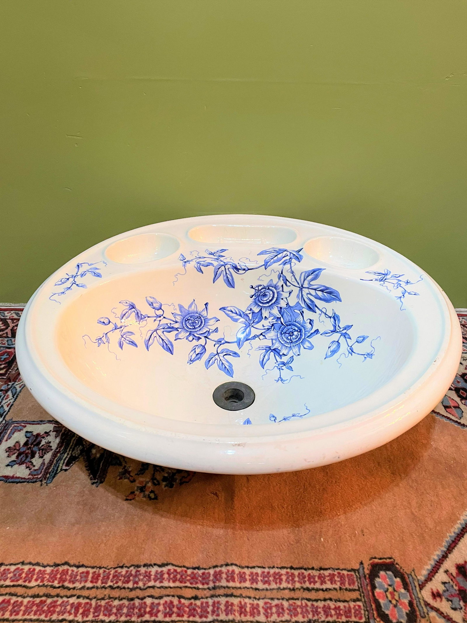 19th C. French Porcelain Sink Blue & White: 6in T x 23in diameter
