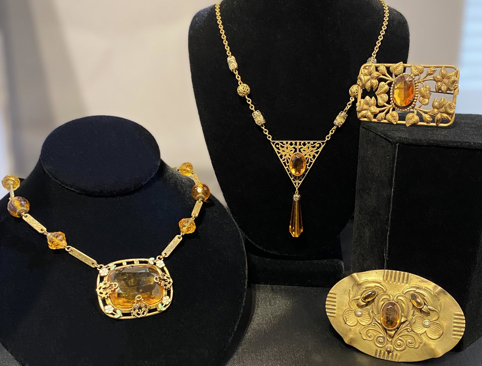 Early 20th C. Art Nouveau Czech Glass & Brass Jewelry: authentic in beautiful shape