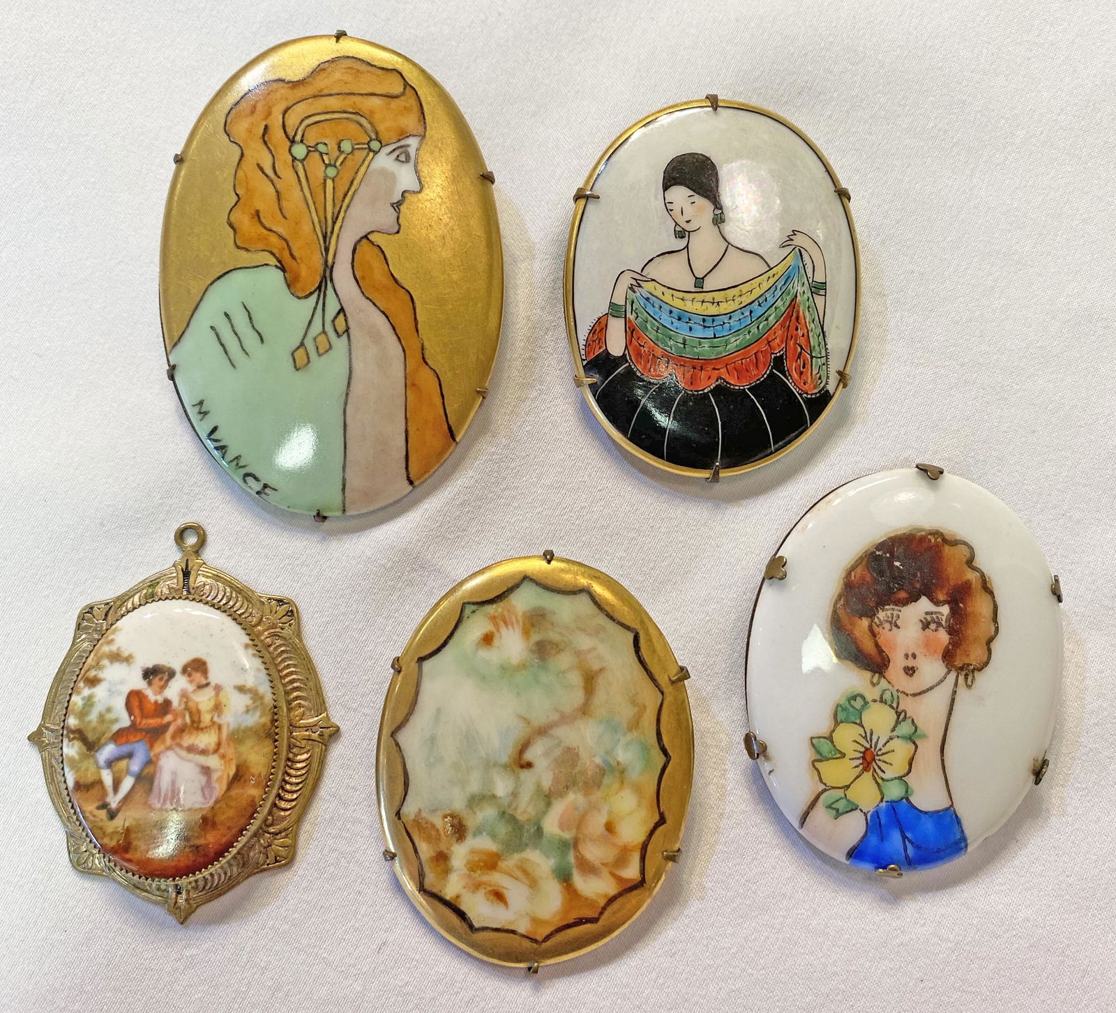 Collection 1920s Hand Painted Brooches Flapper Limoges (1 of 3)