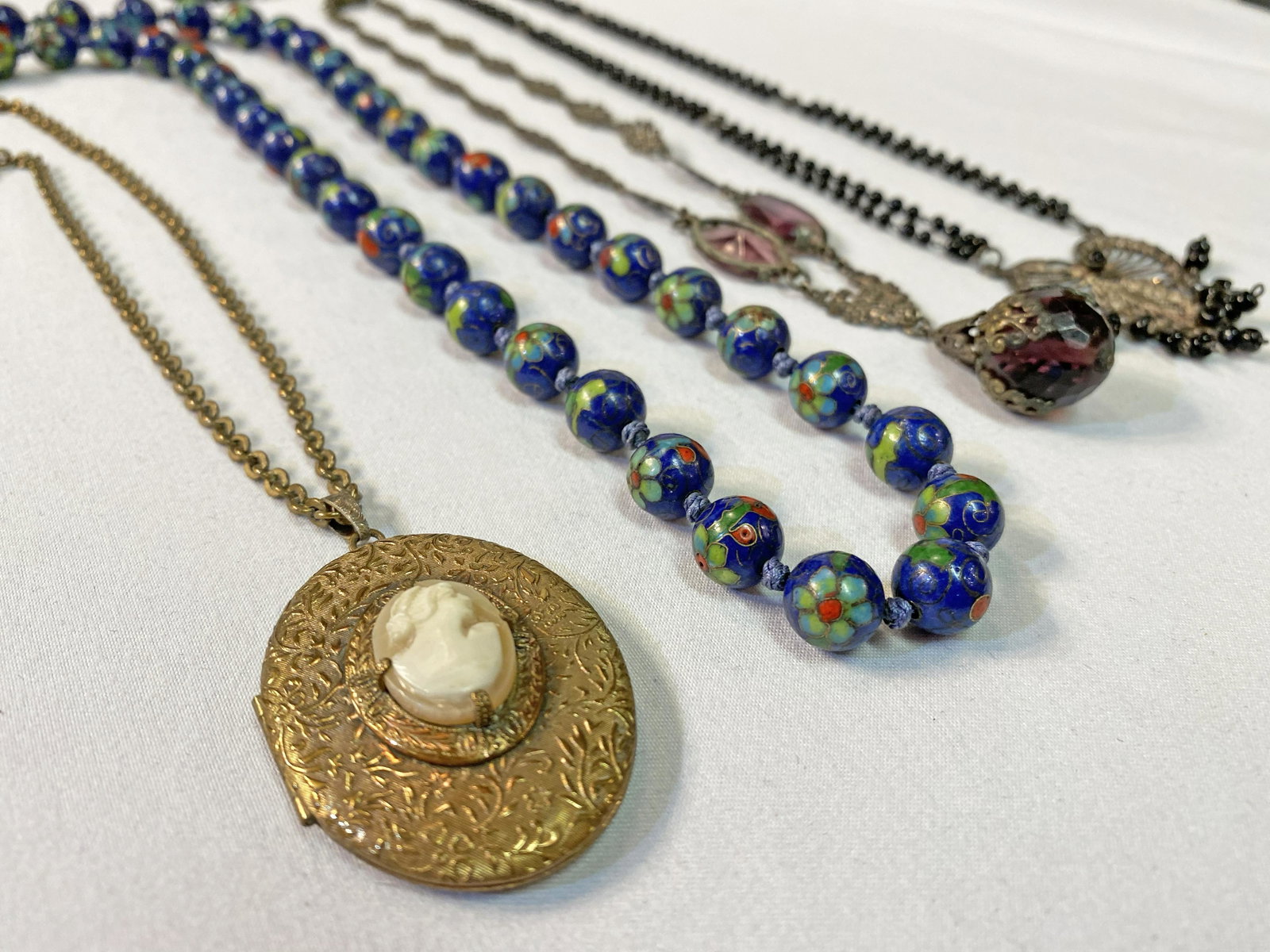 Collection 1920s Cloisonne, Cameo, etc. Necklace Lot: 4 pieces