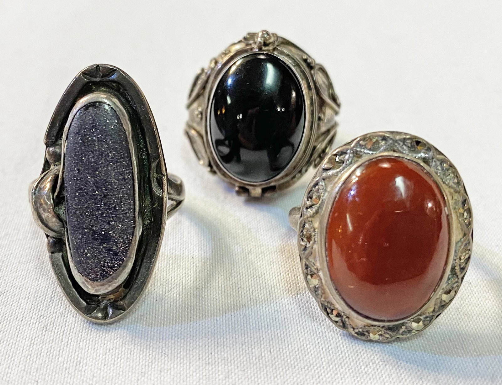 Collection 3 Sterling Silver Art Deco Carnelian, & Onyx: Size 4 1/2, 5 & 5 1/2 r