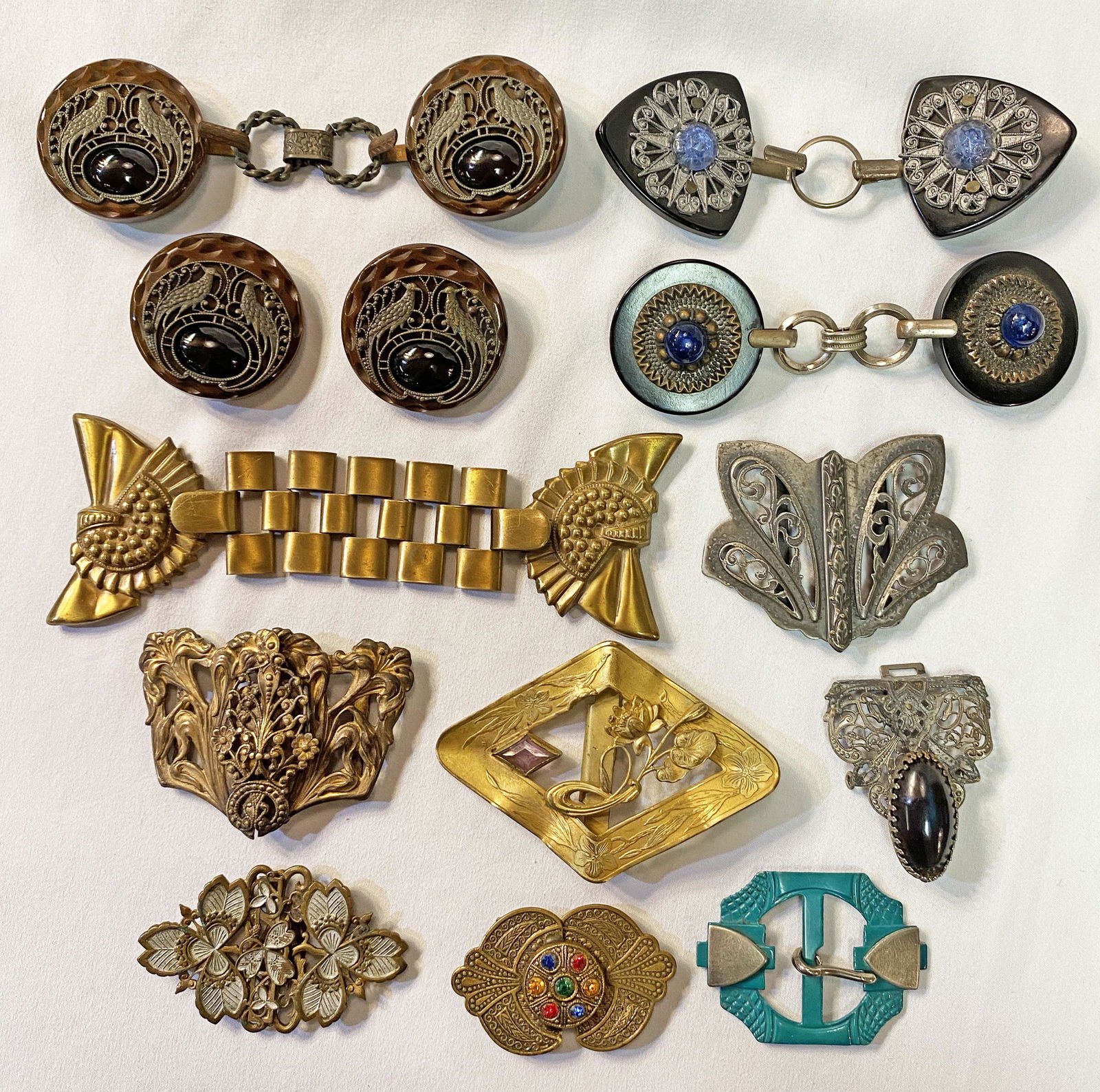 Collection 12 Early 20th C. Buckles & Peacock Buttons (1 of 4)