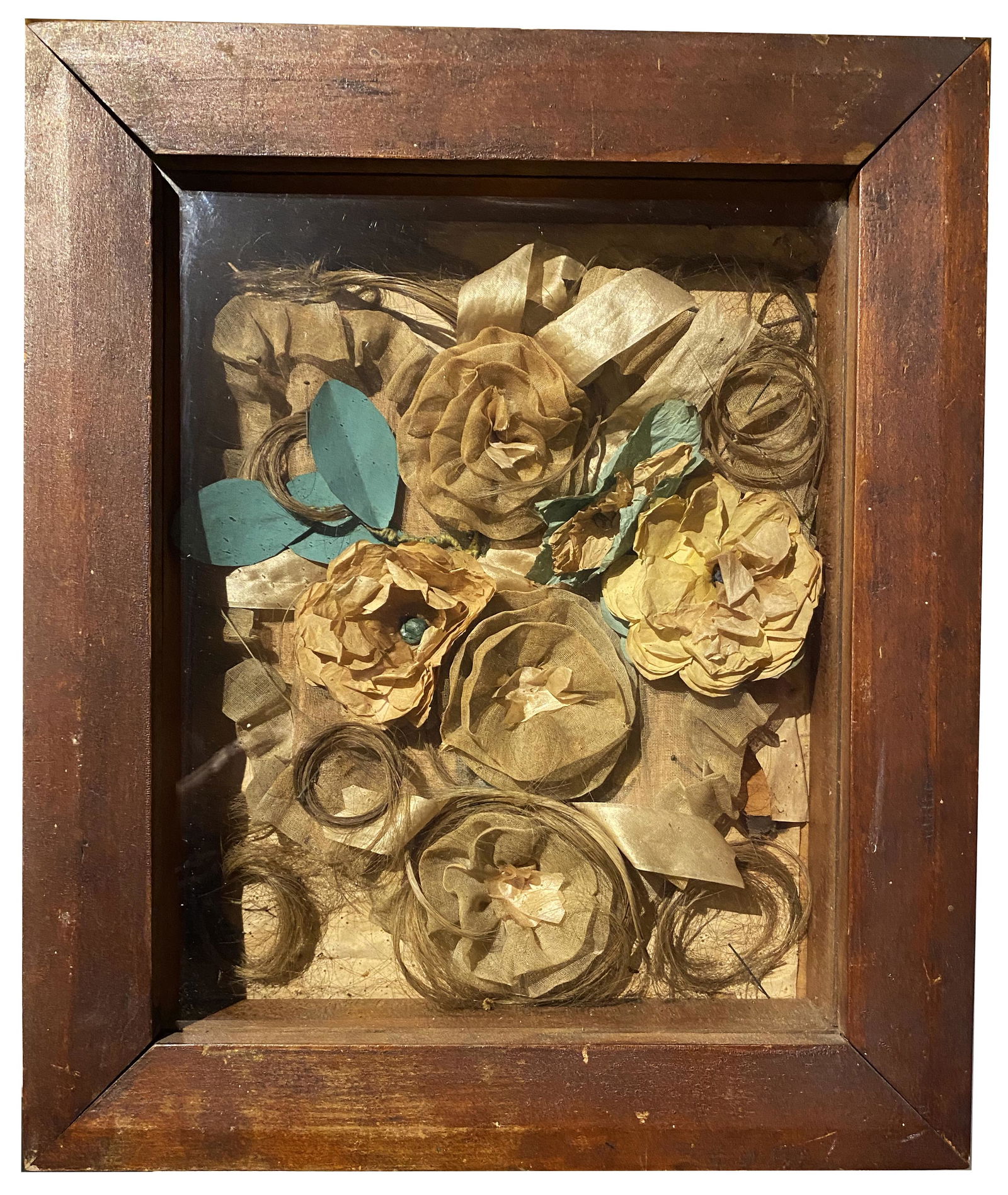 Early 19th C Mourning Hair and Paper Flower Wreath in (1 of 2)