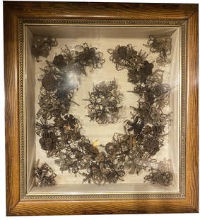 Rare Large Victorian Mourning Hair Wreath in Shadow Box: 31 inches by 33 inches by 6.5 inches deep -Incredibly ornate w multi generational hair