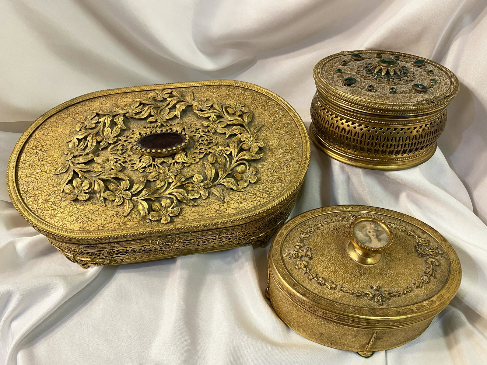 Gold Ormolu Jeweled Dresser Jewelry Boxes: Largest is 10.5 inches long