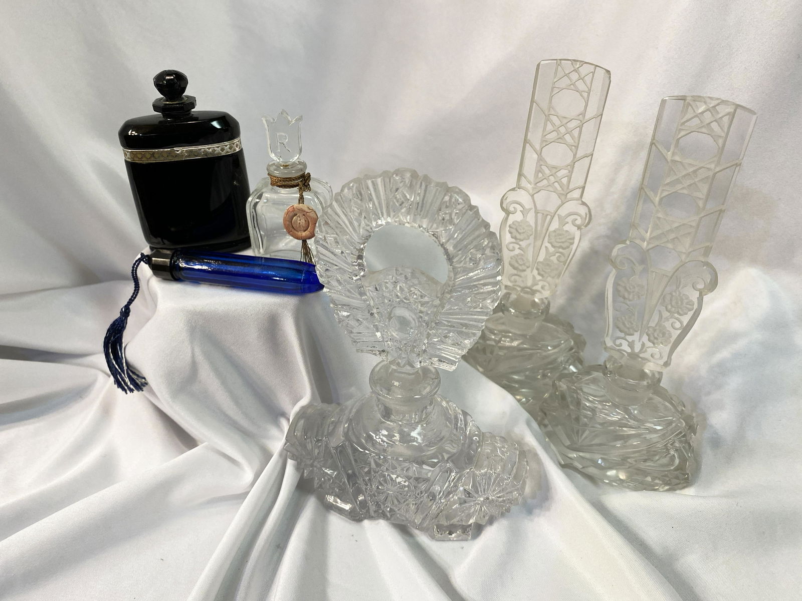 6 pc Crystal Etched Perfume Bottles In the manner of (1 of 3)