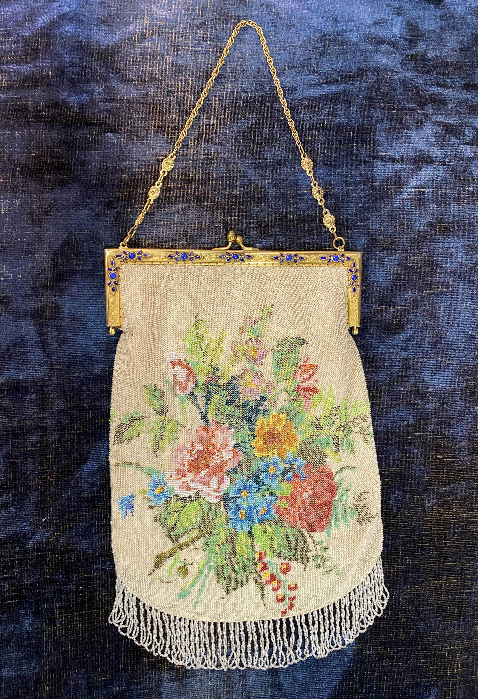 Exceptional Art Deco Micro Beaded Purse Flowers Lapis (1 of 4)