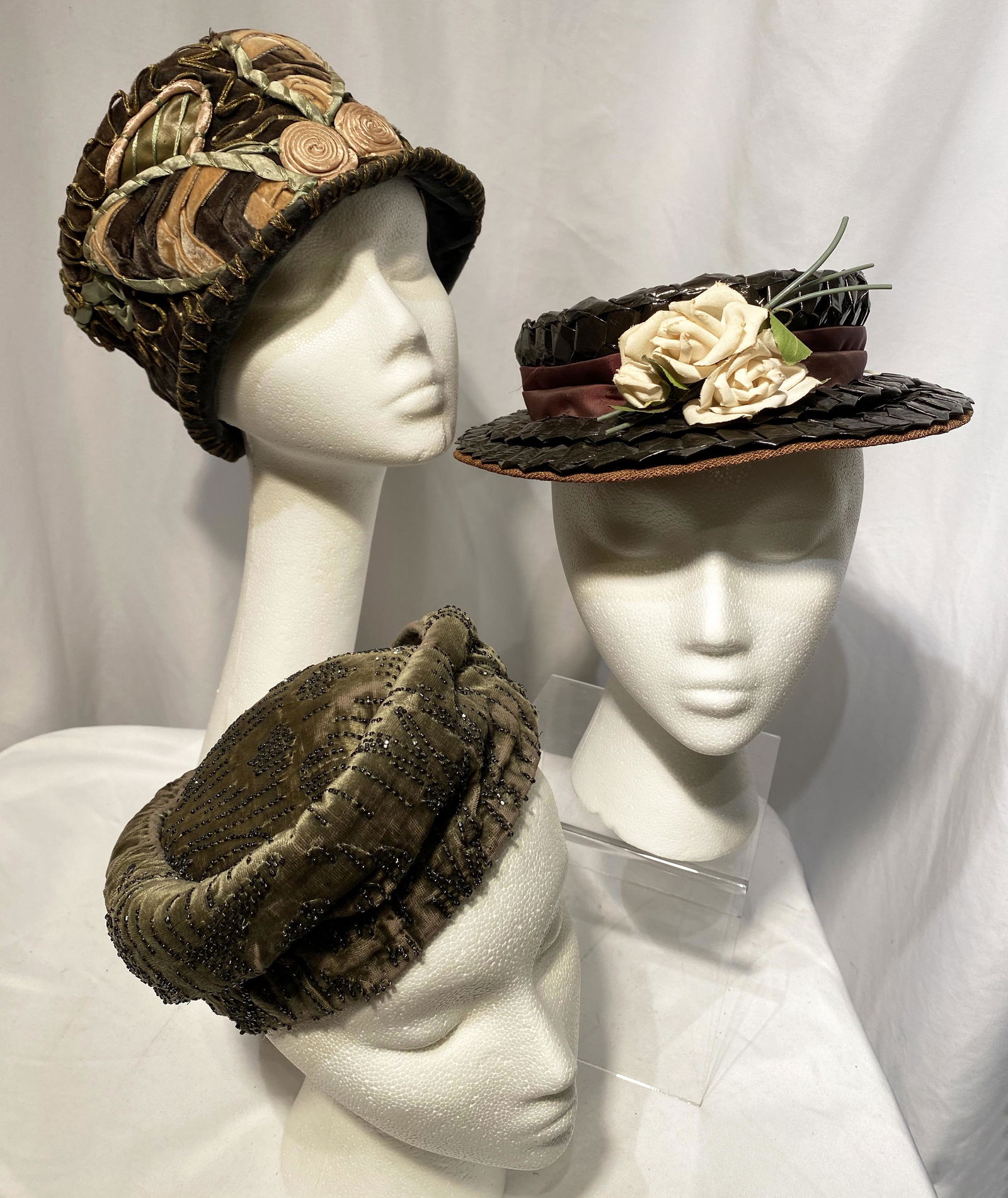 Collection 3 Early 20th C. Hats Velvet Straw & Beaded (1 of 5)