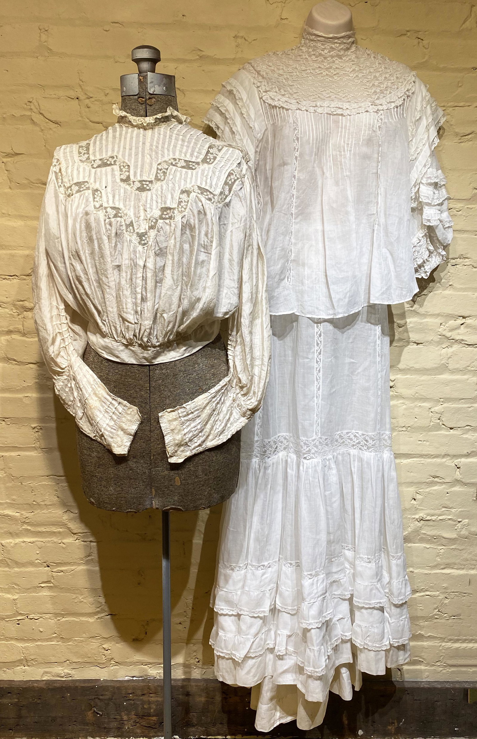 Ladies Victorian Edwardian Cotton Dress & Silk Bodice: The 2 pc cotton dress is possibly maternity because it has a longer front and tie back