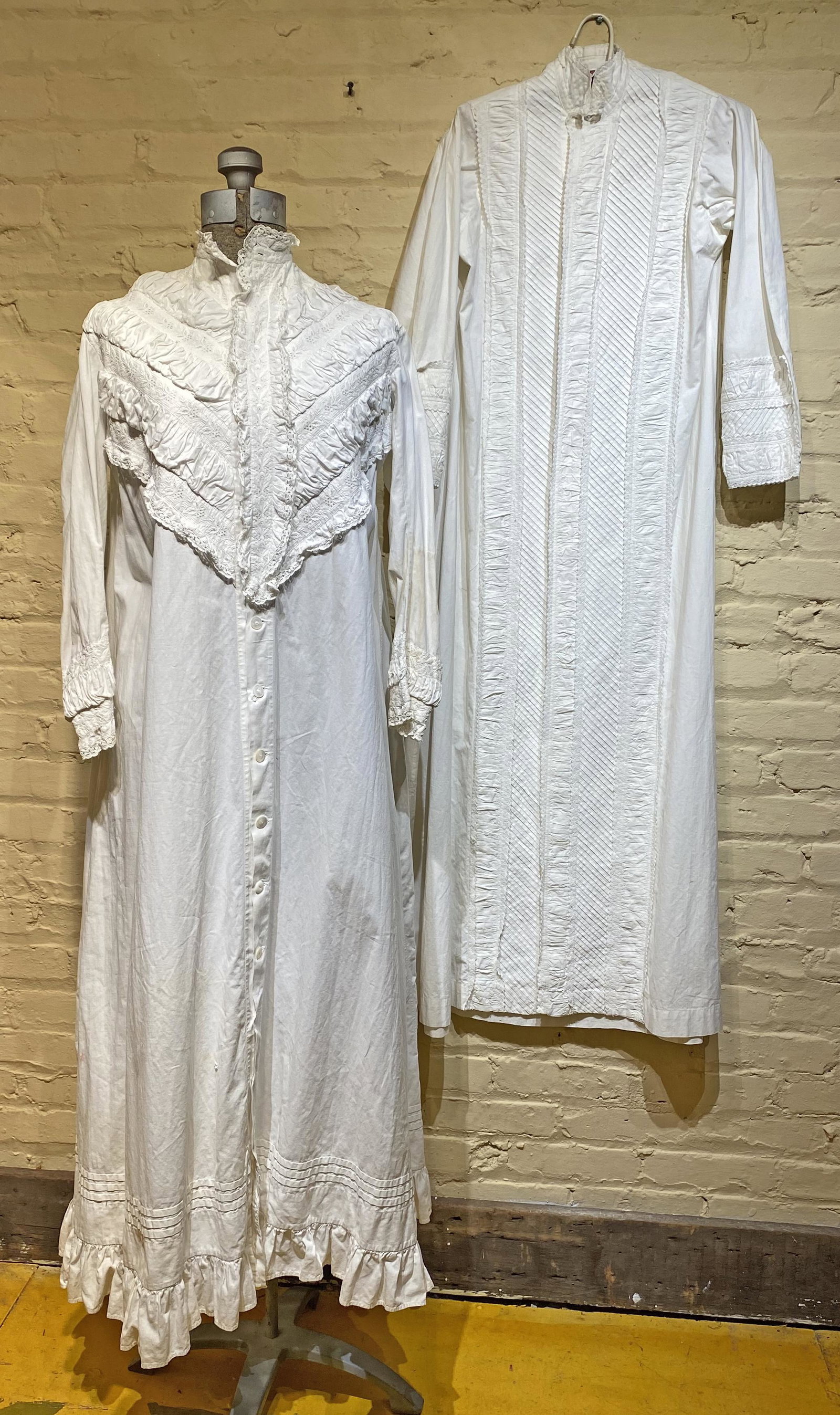 2 Victorian Edwardian Ladies Nightgowns Cotton: a couple of stains and one sleeve has what appears to be a water stain