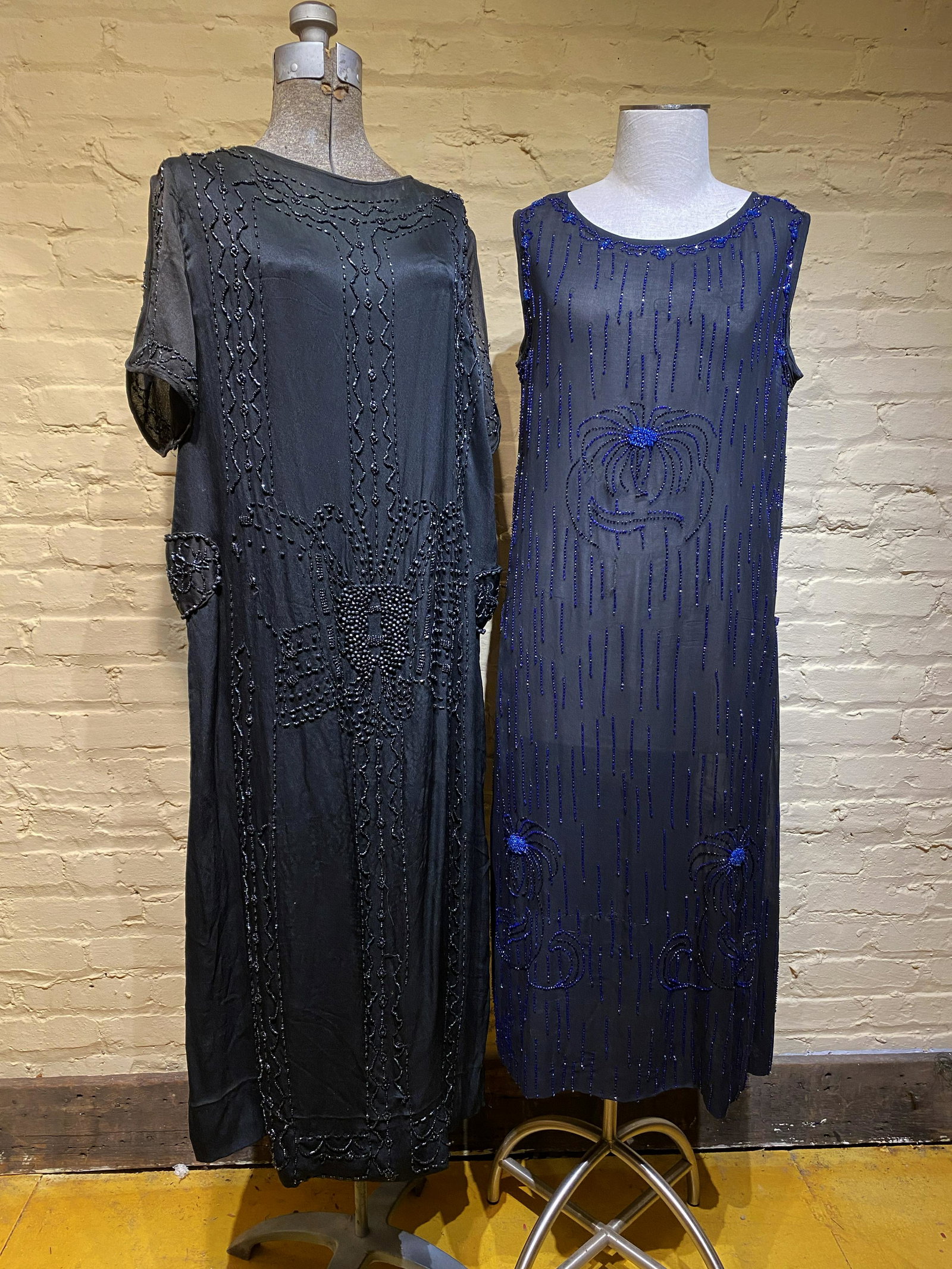 2 Exceptional Ladies Flapper Evening Dresses: exceptionally nice with extensive patterned beading of flowers & poss butterfly