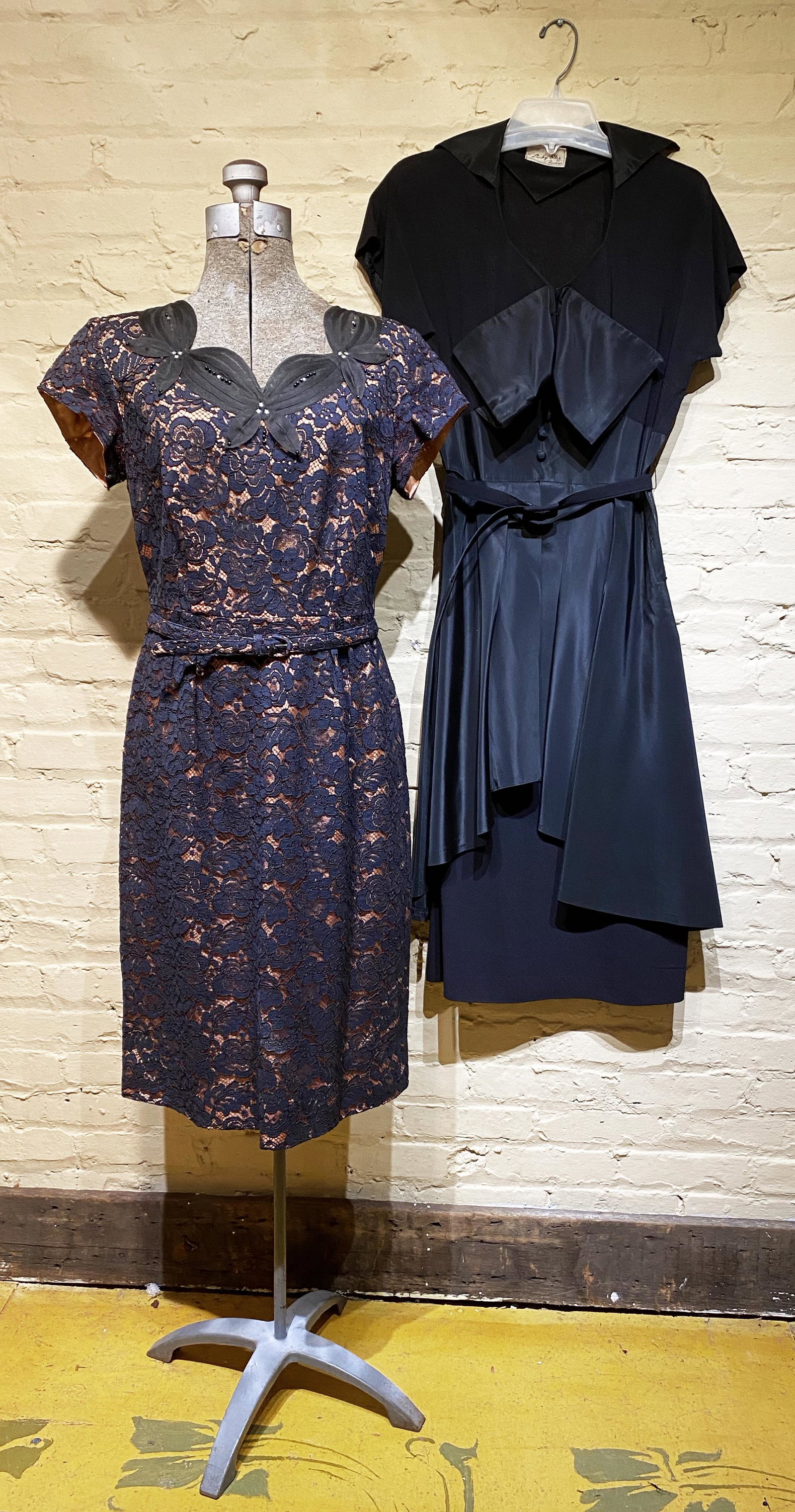 2 Ladies Post War Vintage Dresses Peplum & Lace: Another Lucky Star Original on one, both in nice shape