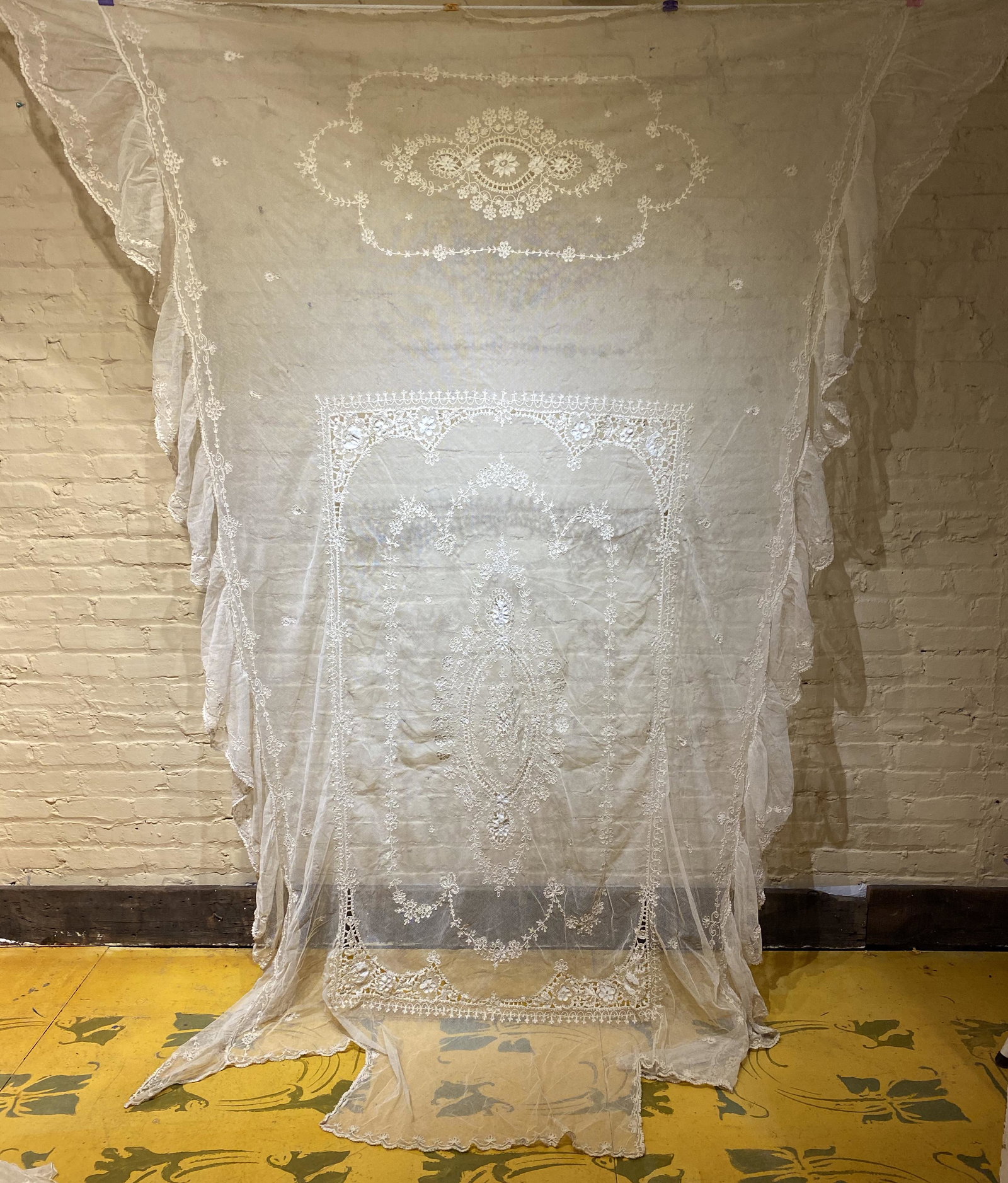 1920s Princess Lace Twin Bedspread: 97in L x 48in W with additional 8in on each side that hang low