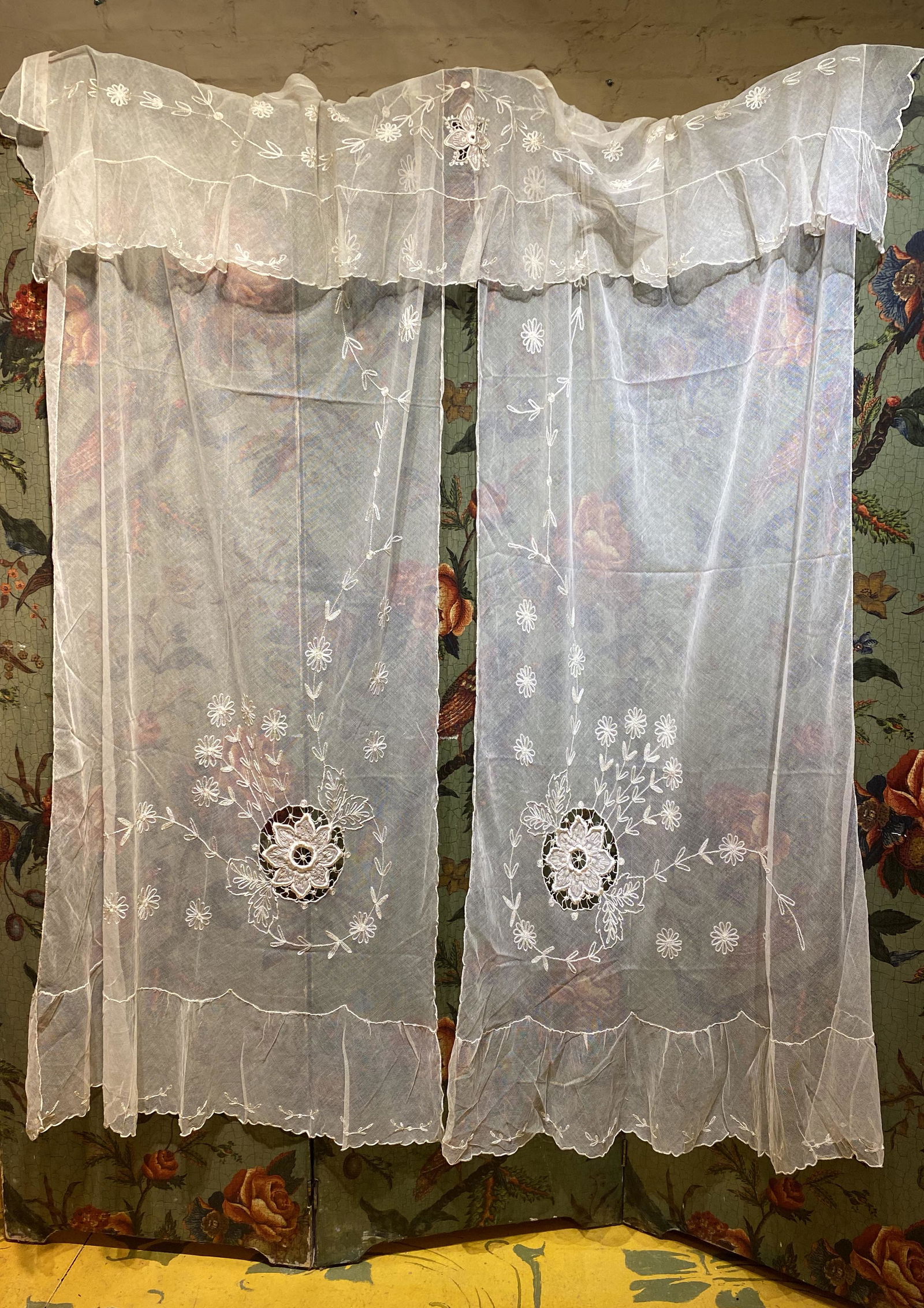 Early 1900s Tulle Floral Embroidered Curtain Set (1 of 2)