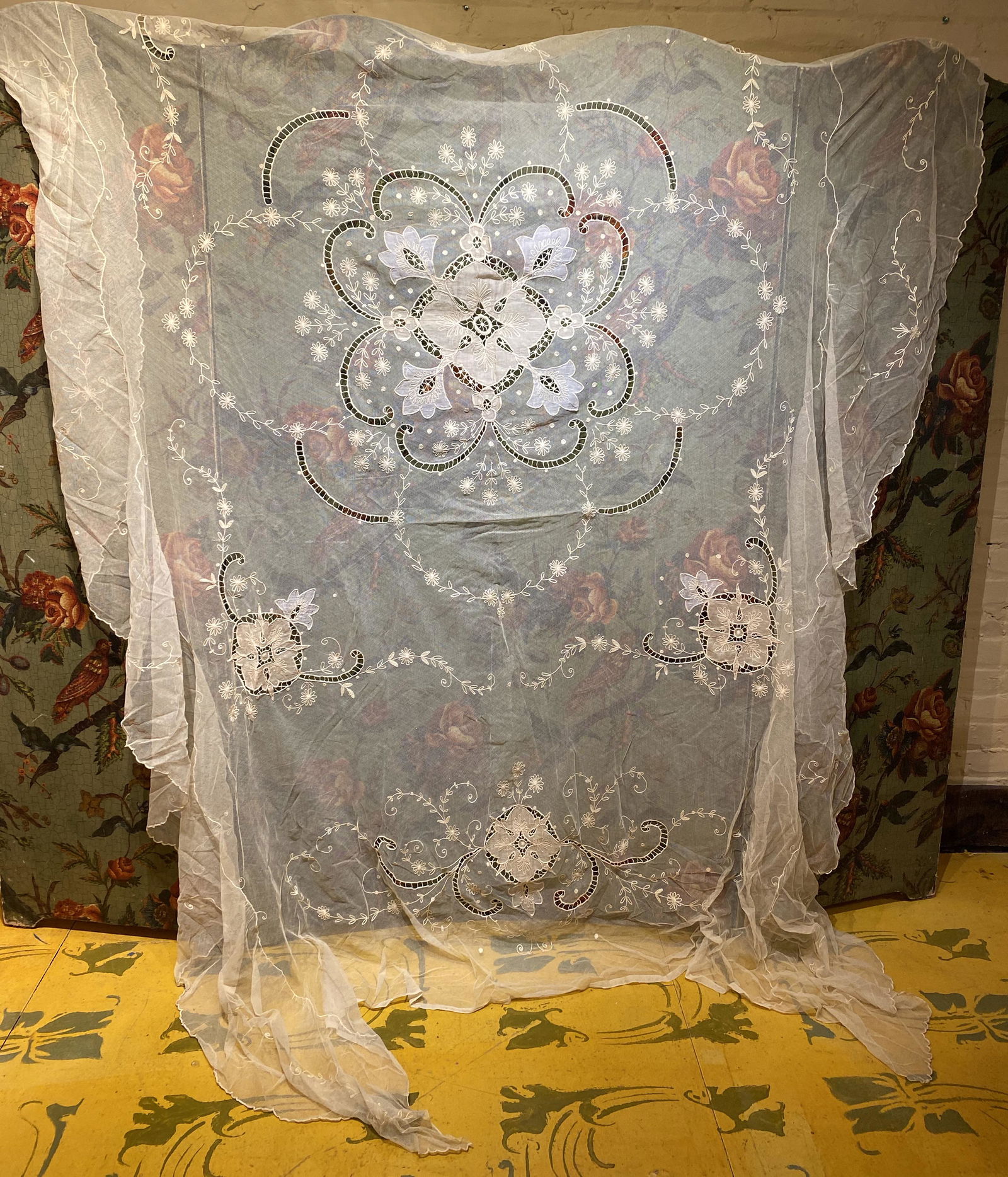 Early 20th C. Tulle & Floral Embroidered Bedspread (1 of 1)