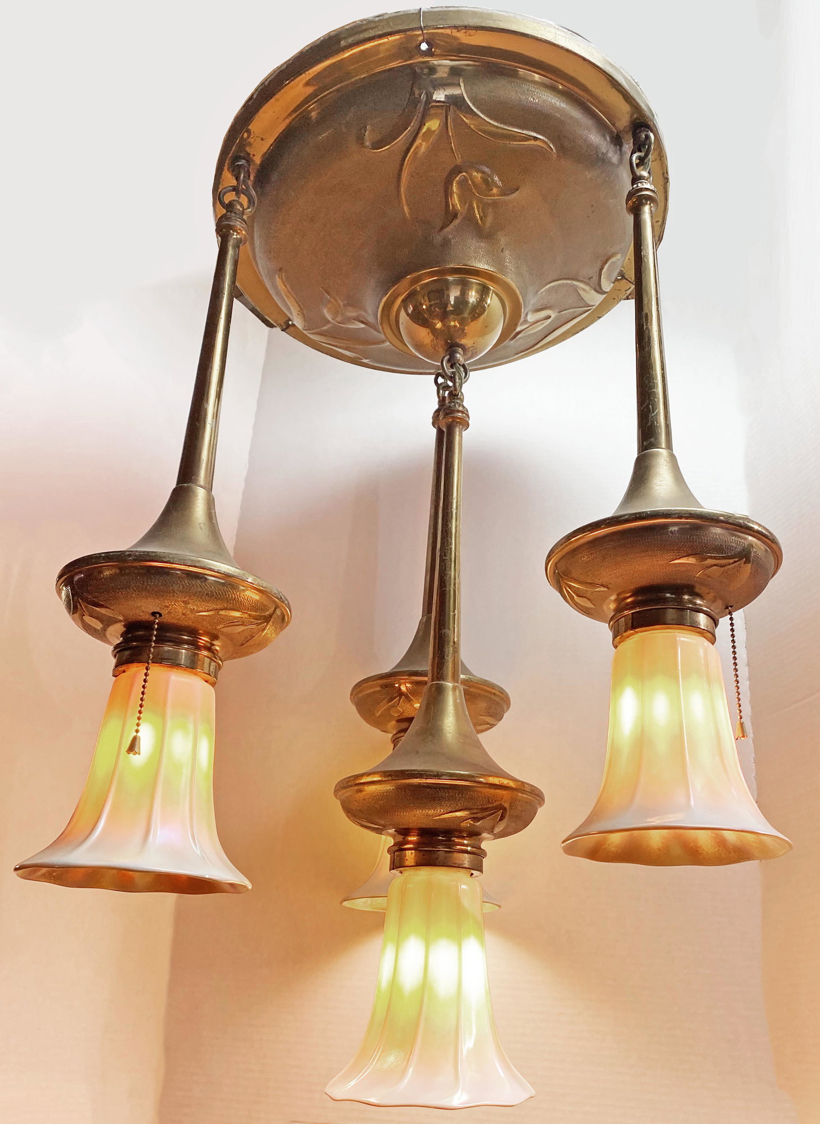 1900 Art Nouveau Quezal Light Fixture: Flowers inlayed on brass ; 29in L x 18in W