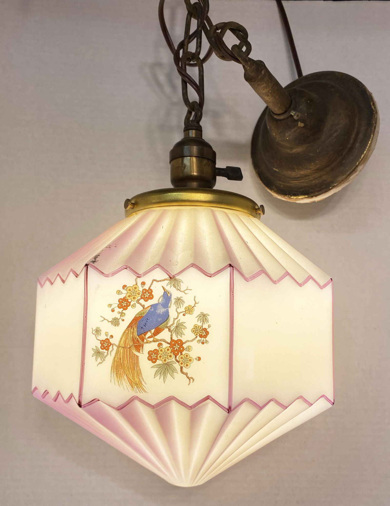 Art Deco Milk Glass Painted Light Fixture: 10in diameter