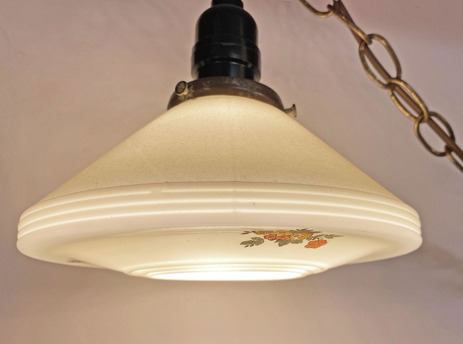 Pair Art Deco Milk Glass Transferware Light Fixtures (1 of 4)