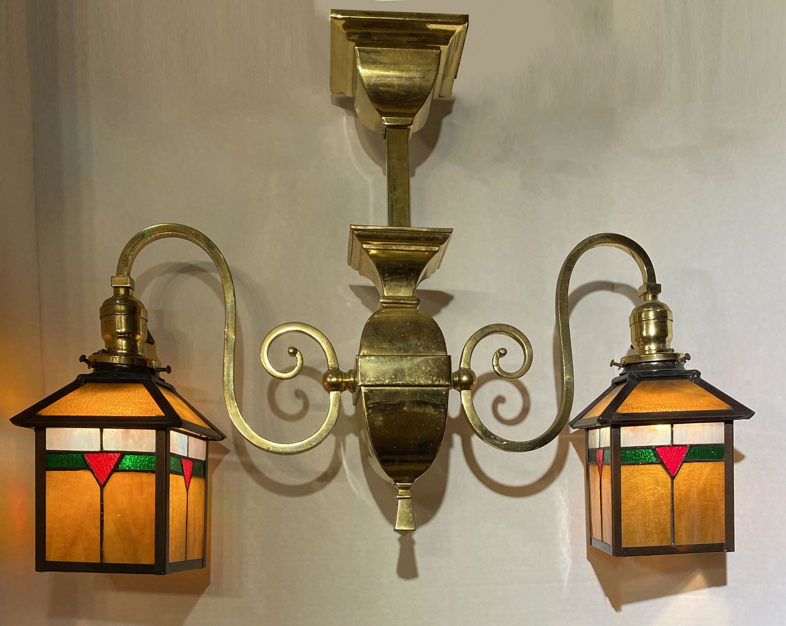 Arts & Crafts Double Armed Stained Glass Brass Light (1 of 3)