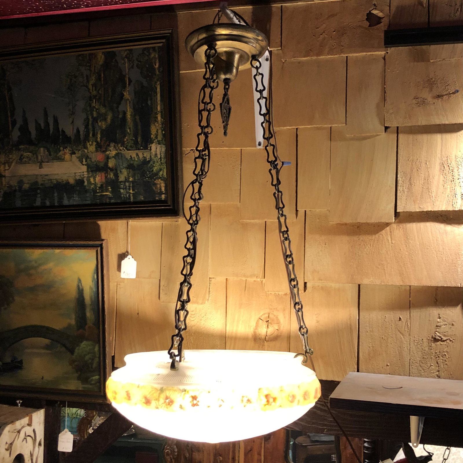 Art Nouveau Reverse Painted Handing Shade Chandelier: 14 in diameter , chains can be altered for prefered length from ceiling