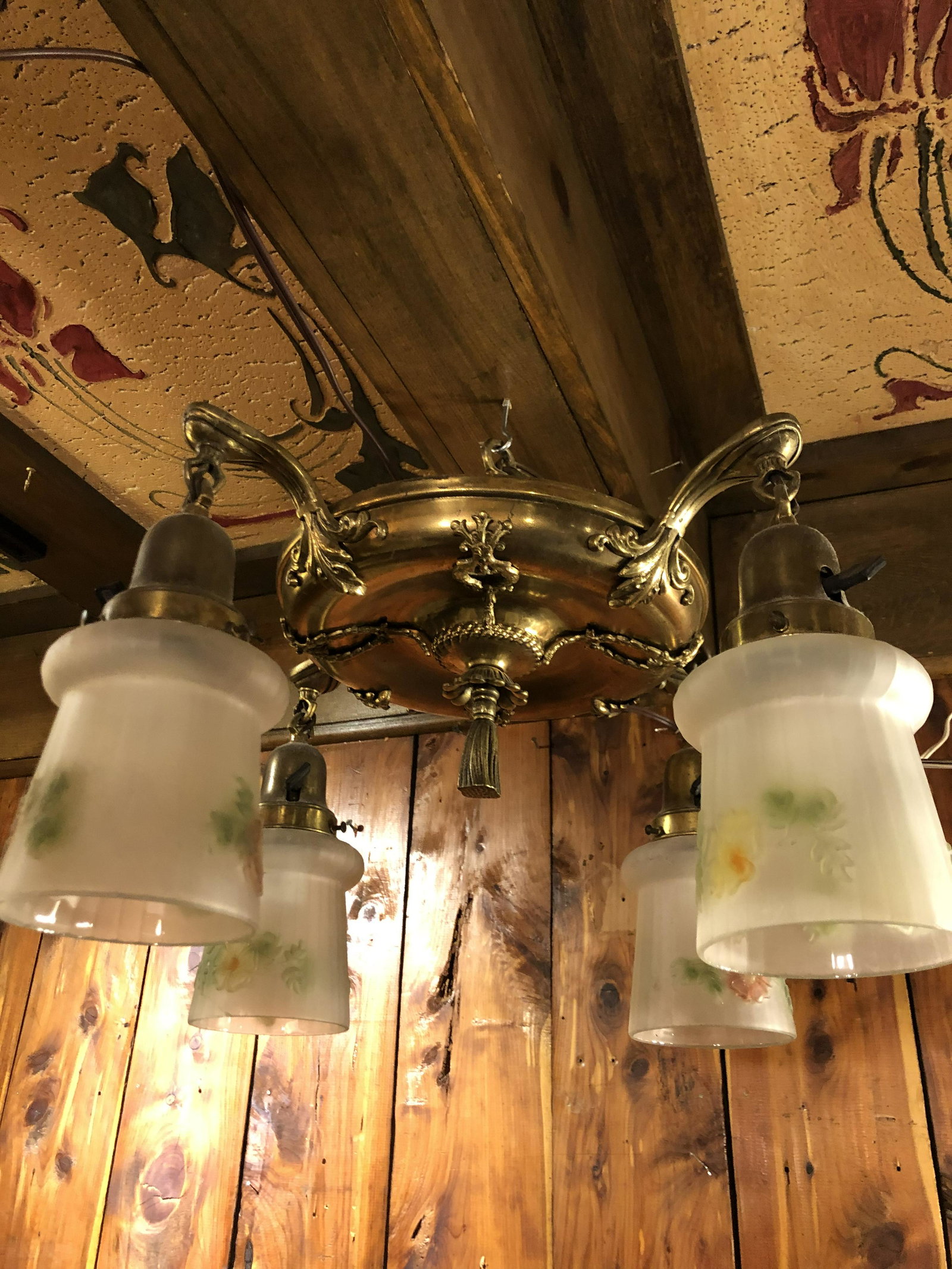 Ornate Victorian 4 arm Ceilng Fixture Reverse Painted: 14 inches at widest, pan is 9 inches , 13 inches long
