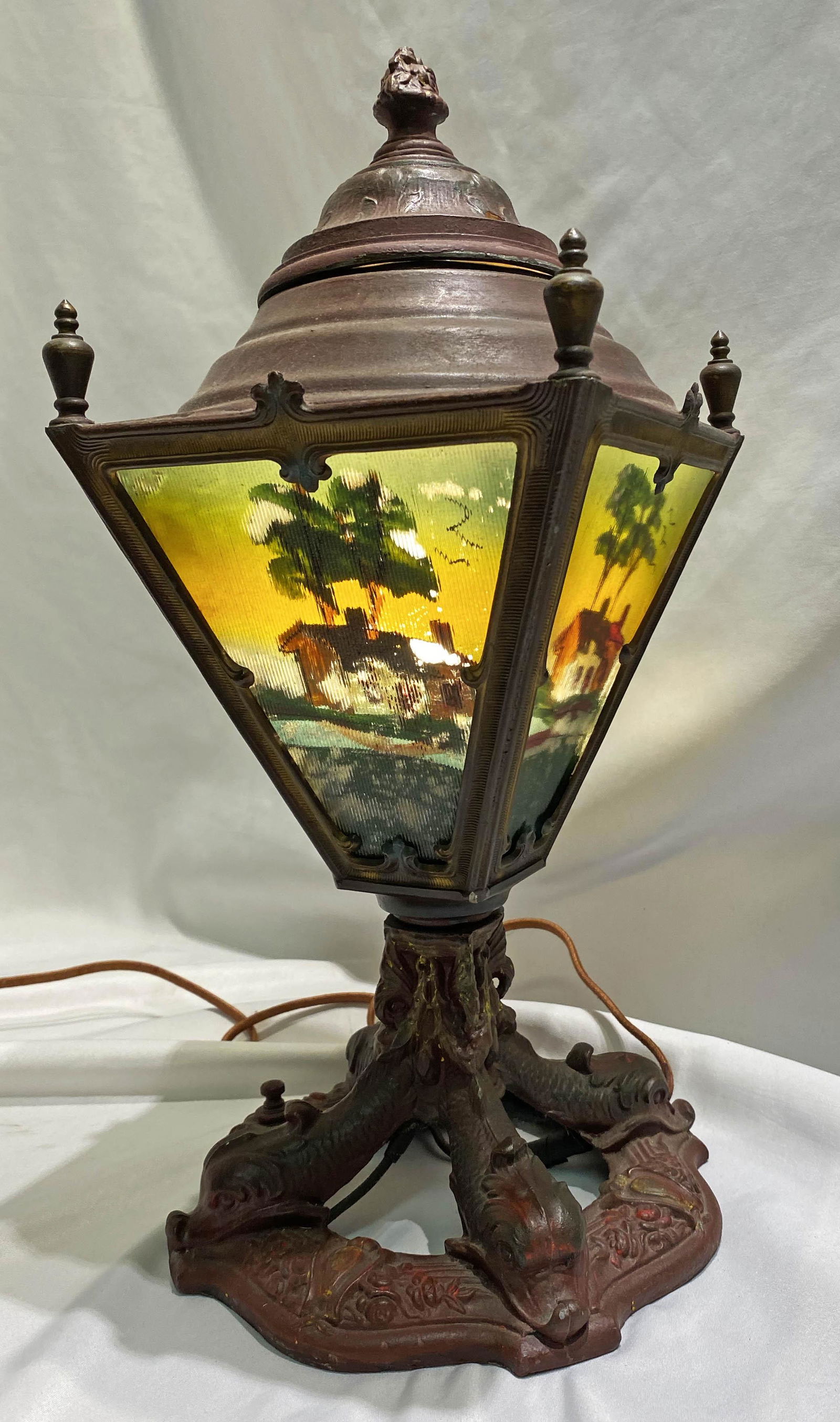Early 20th c Reverse Painted Table Lamp dolphin base (1 of 5)