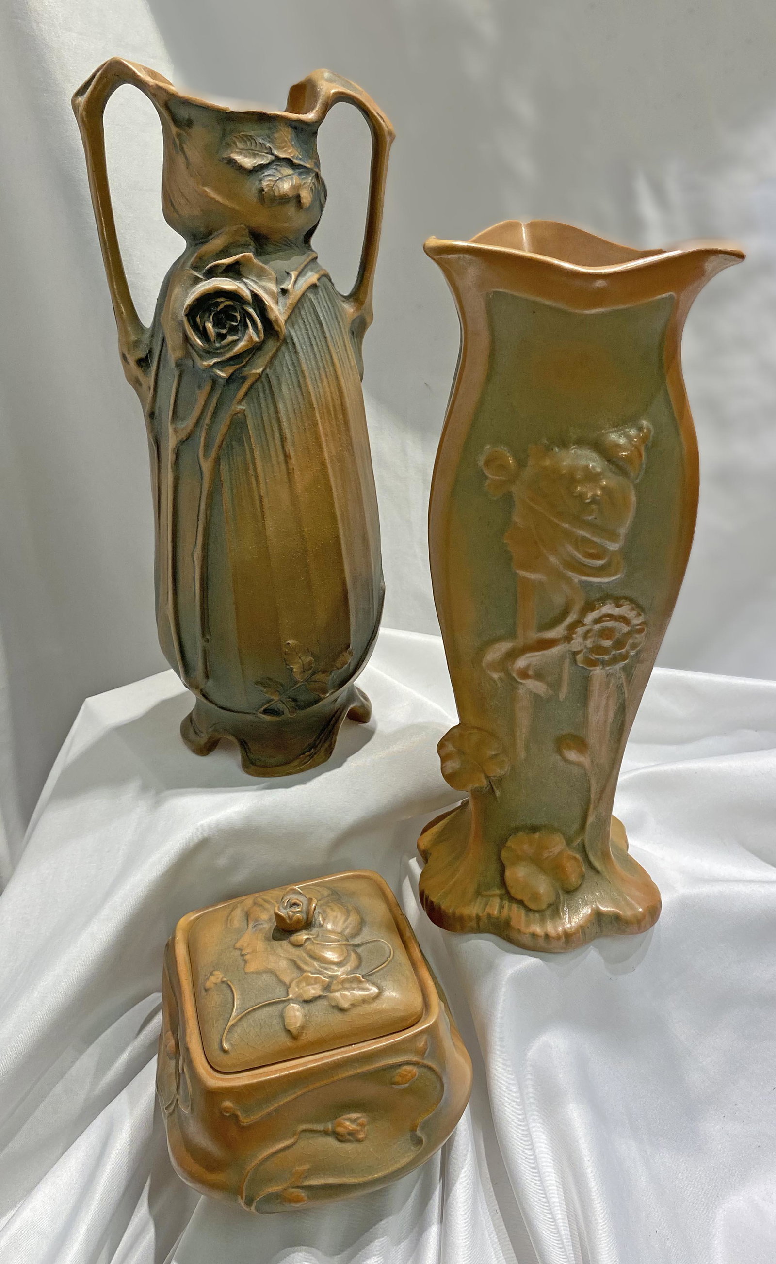Collection Art Nouveau Crownoakware Vases Austria: 3pc brown