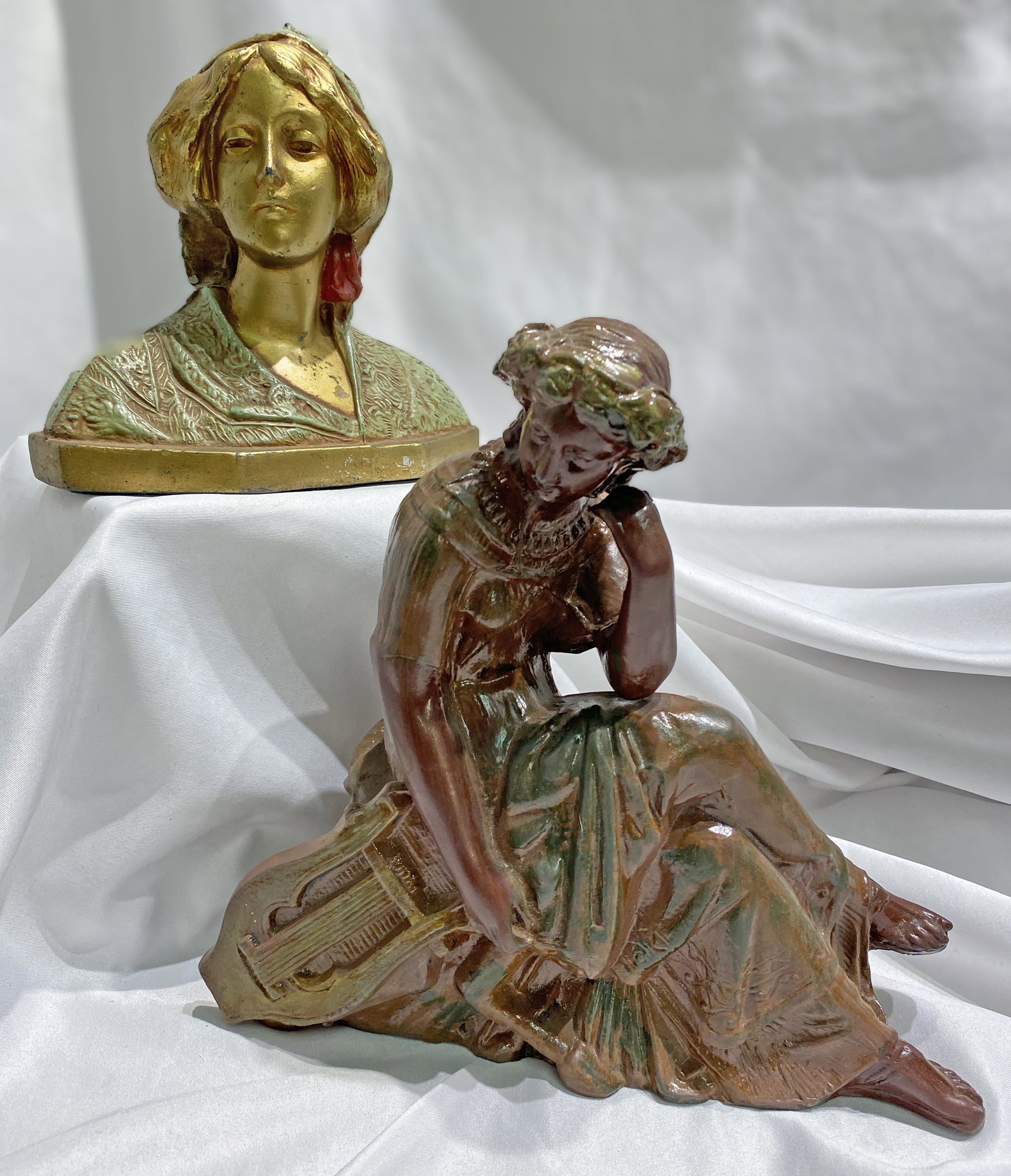 2 pc Victorian Lady Statues: cast metal