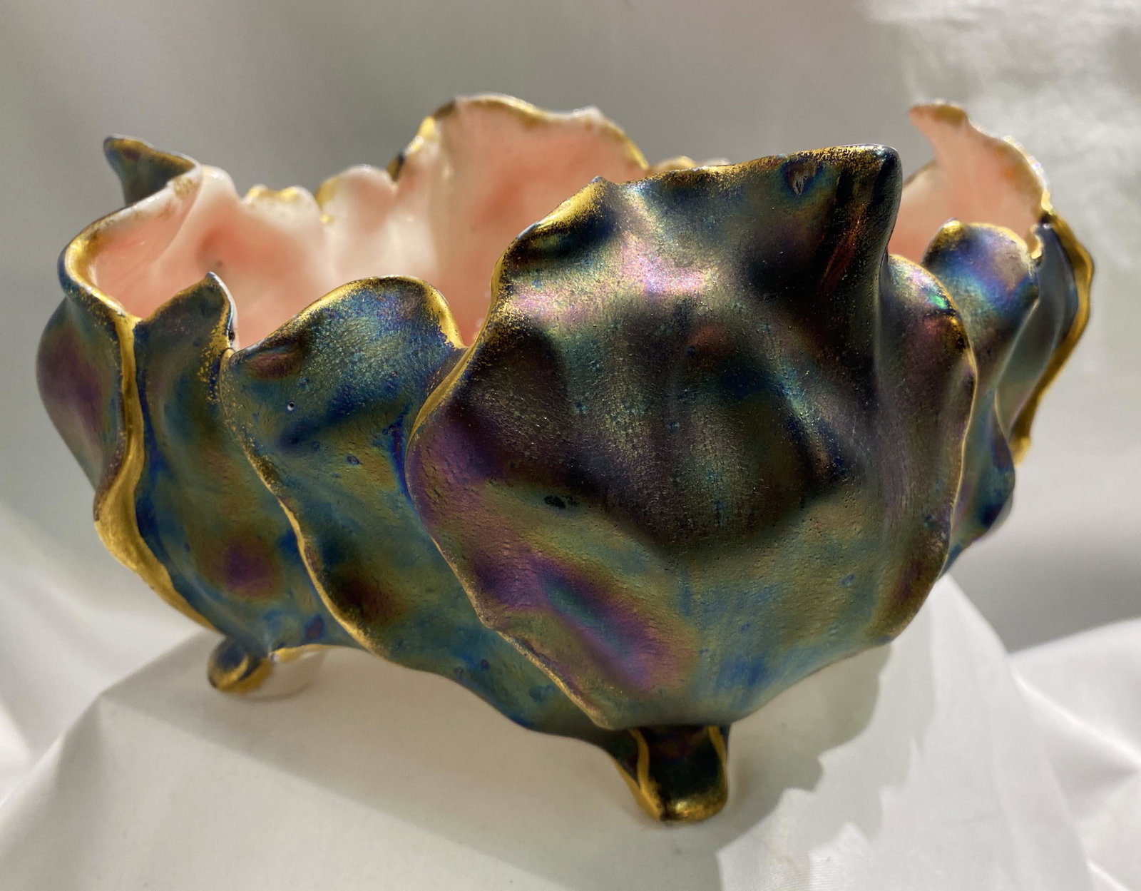 Carl Knoll Fishern Carlsbad Porcelian Footed Bowl: small repair on edge 7 in wide by 5 in high