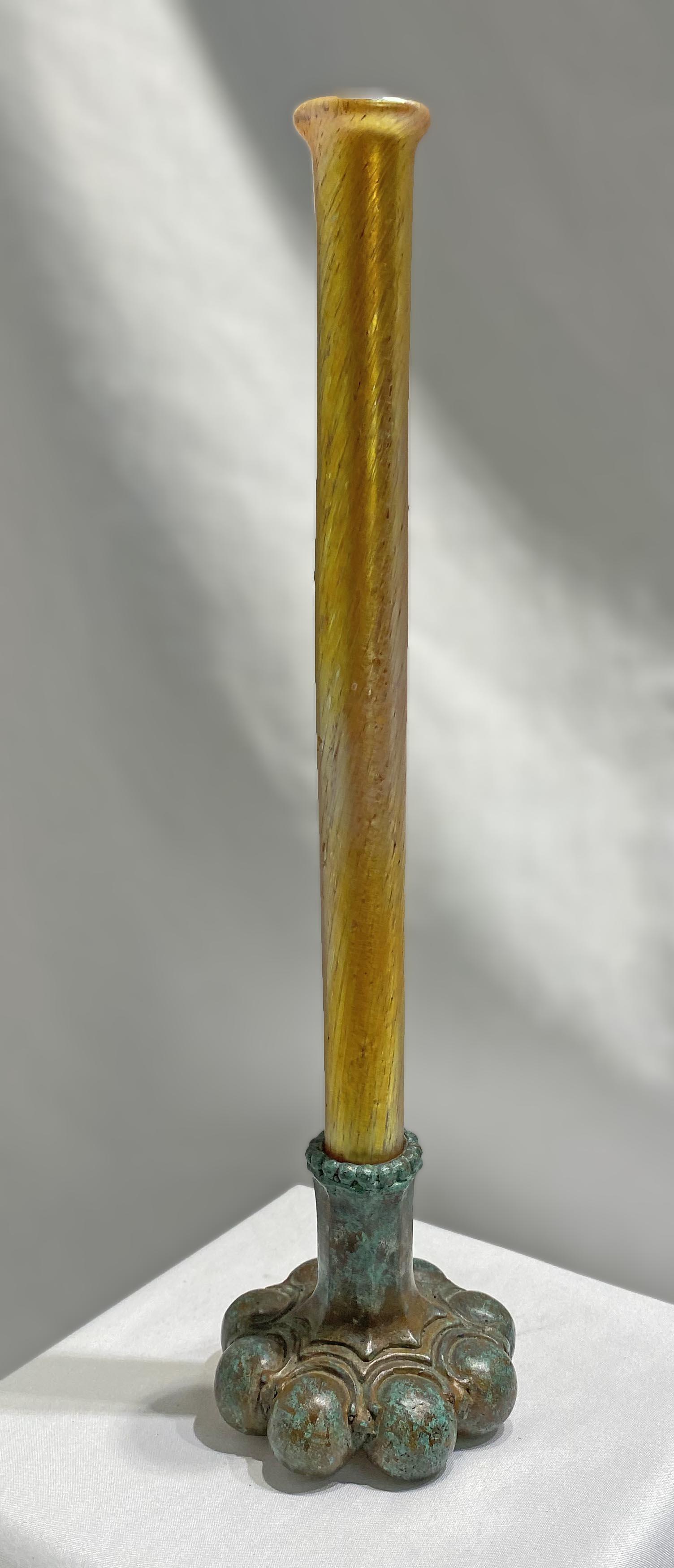 Signed Tiffany Bronze & Art Glass Vase: 11in tall both bronze and art glass are signed no chips damage or repairs